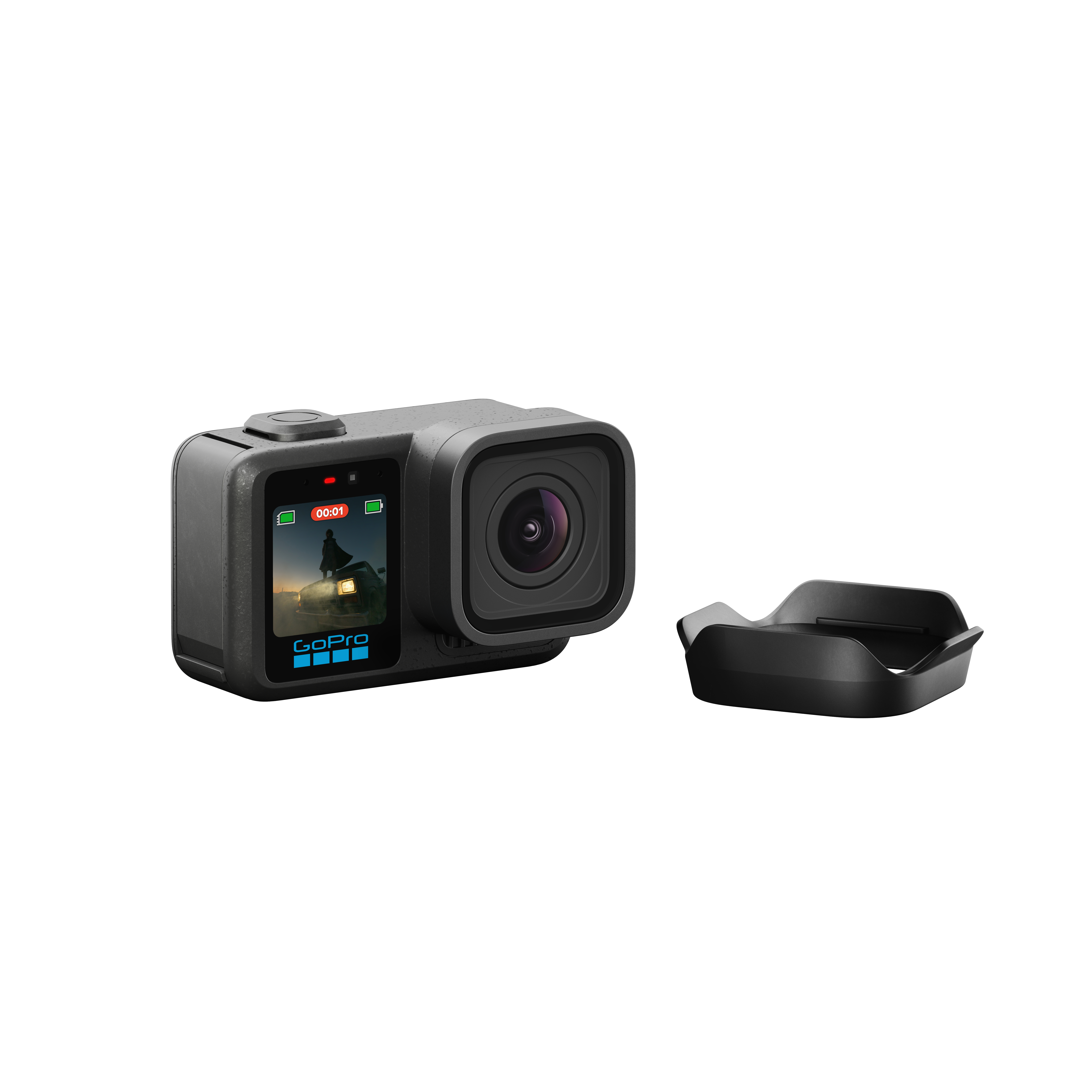 Eine schwarze GoPro-Kamera mit einem Objektiv und einem Bildschirm, daneben ein schwarzer Sonnenblendenaufsatz.