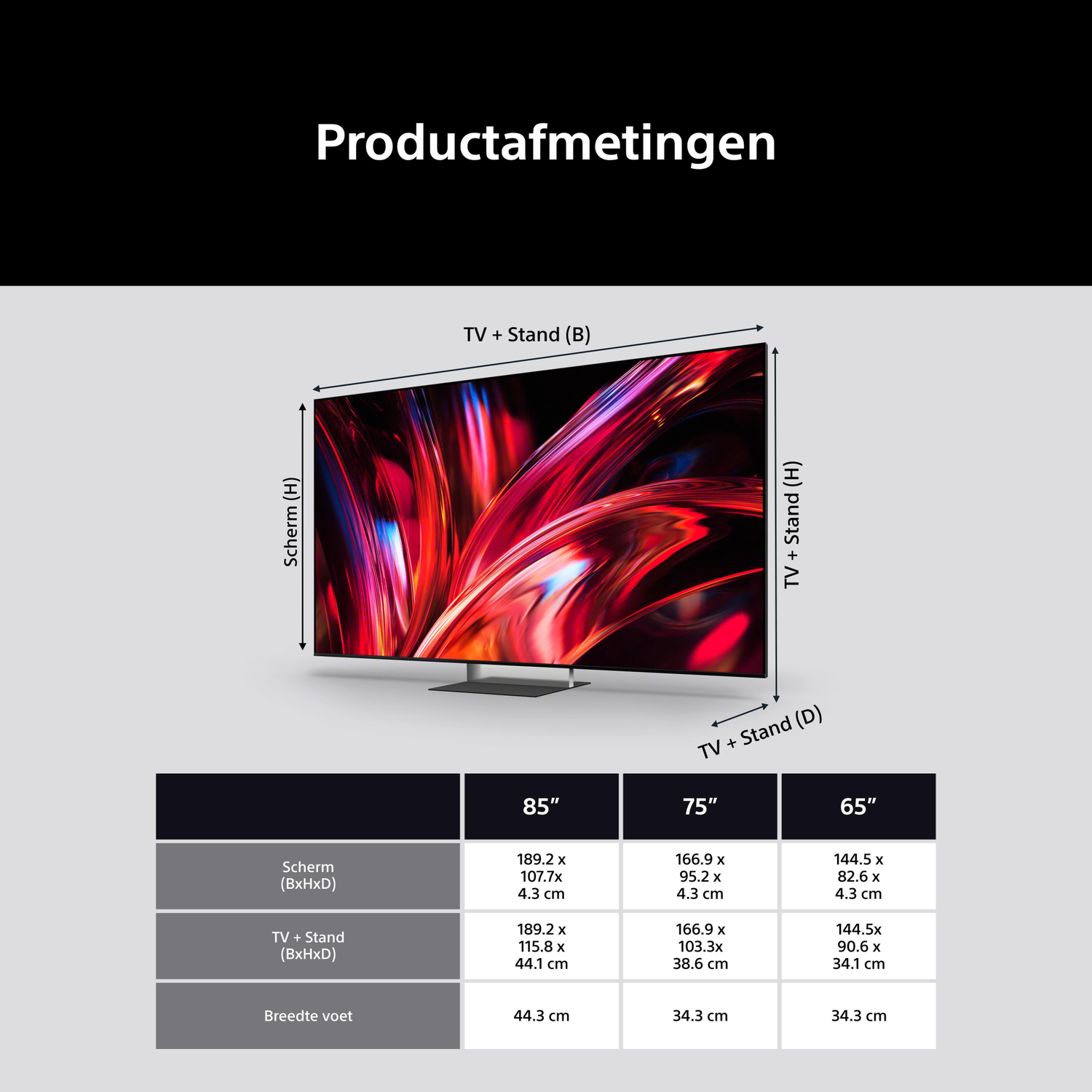 Dimensions of an 85", 75", and 65" TV with stand.