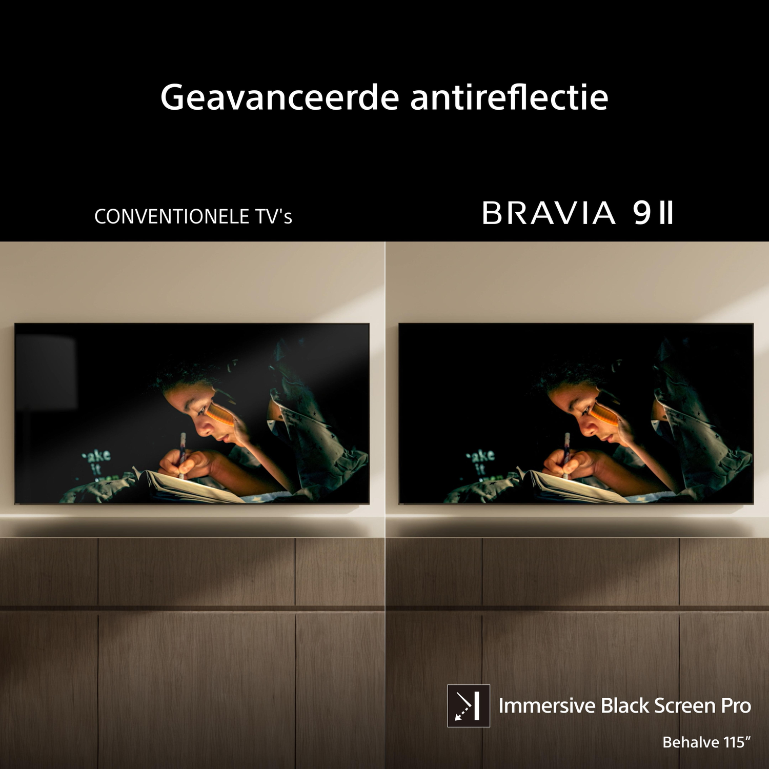Advanced anti-reflection tech comparison. Left: Conventional TV, Right: BRAVIA 9 II.