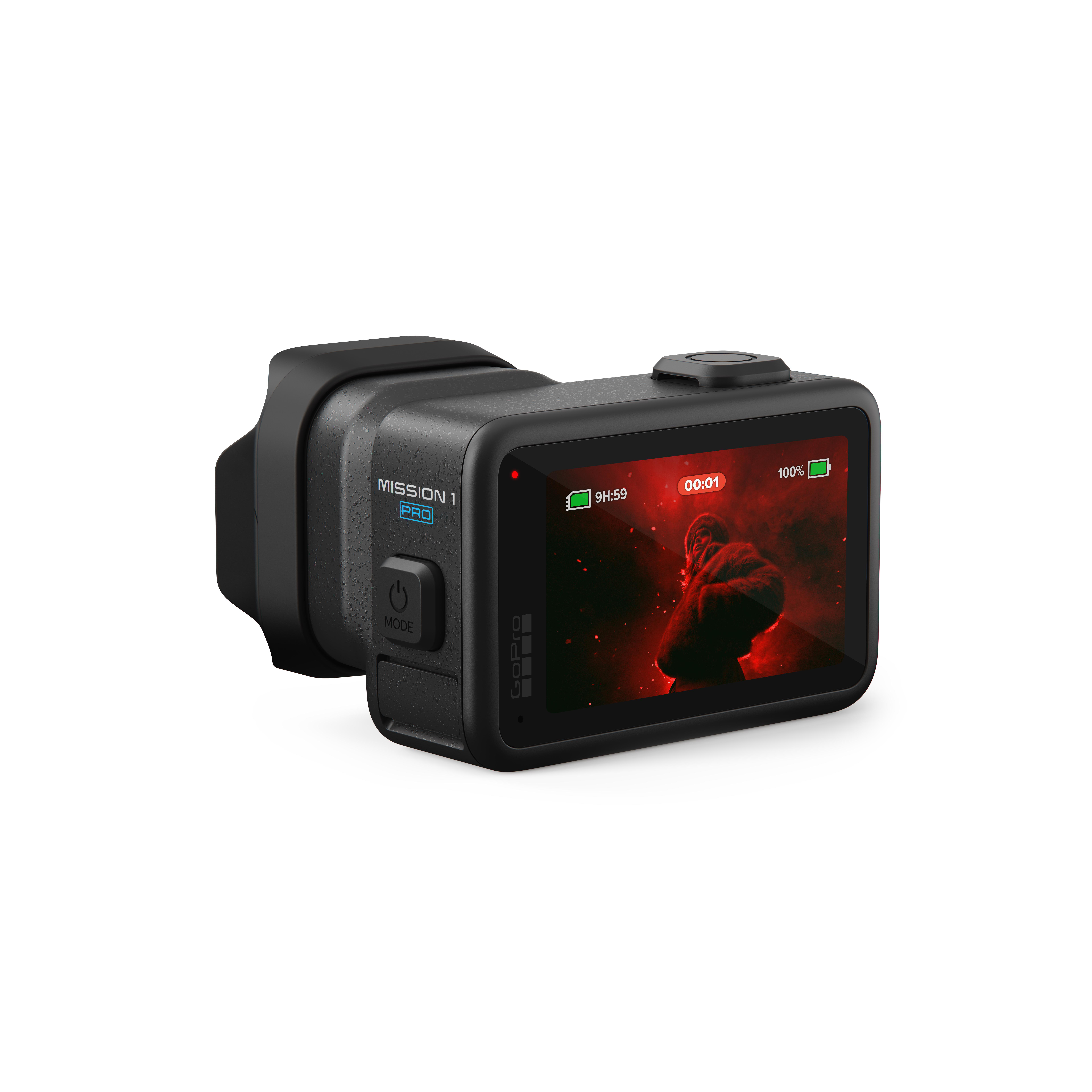 Schwarze GoPro-Kamera mit angebrachtem Modul, zeigt ein rotes Bild mit Akkuanzeige.