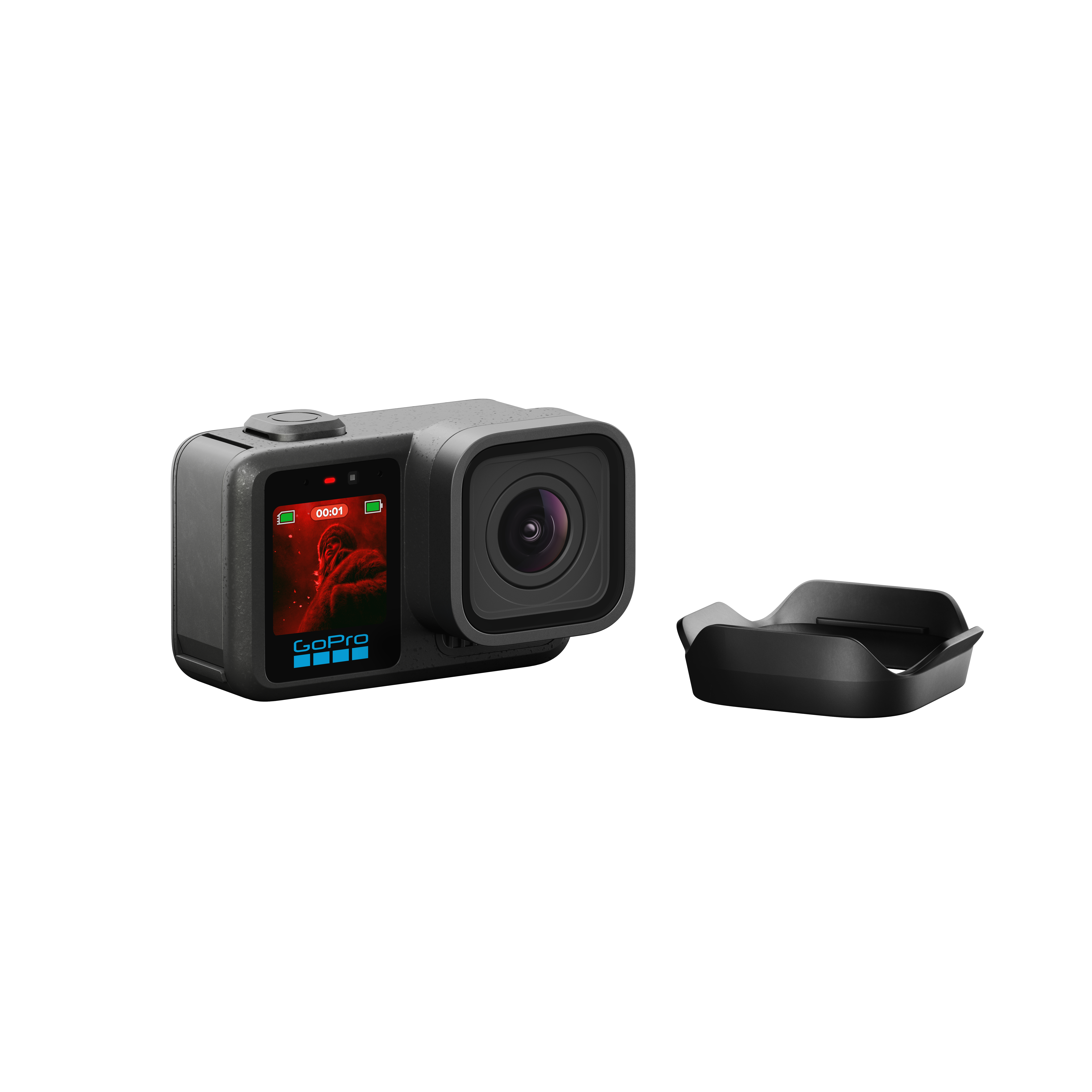 Eine schwarze GoPro-Kamera mit Objektiv und Zubehör auf weißem Hintergrund.