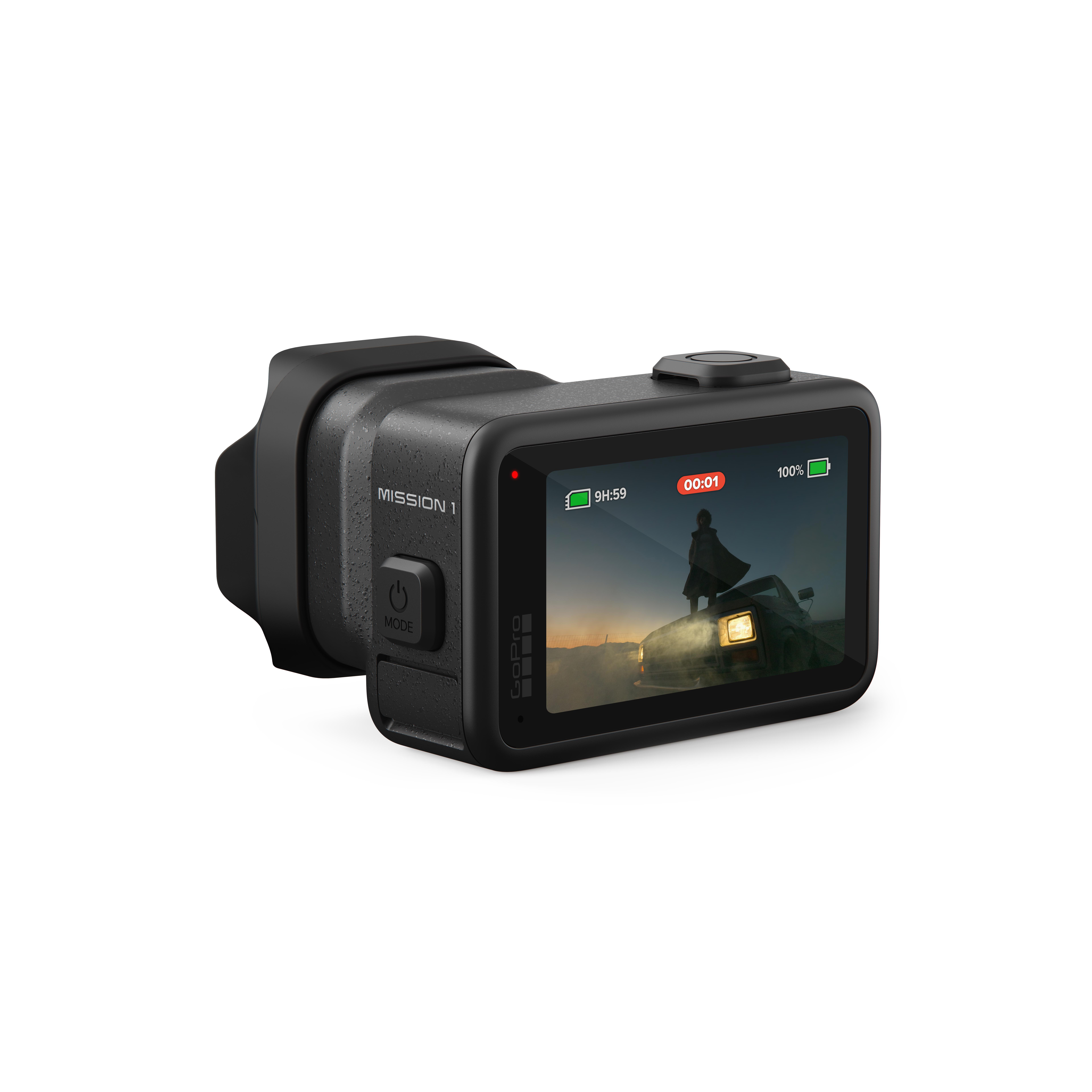 Schwarze GoPro-Kamera mit angebrachtem Gehäuse und voller Batterie.