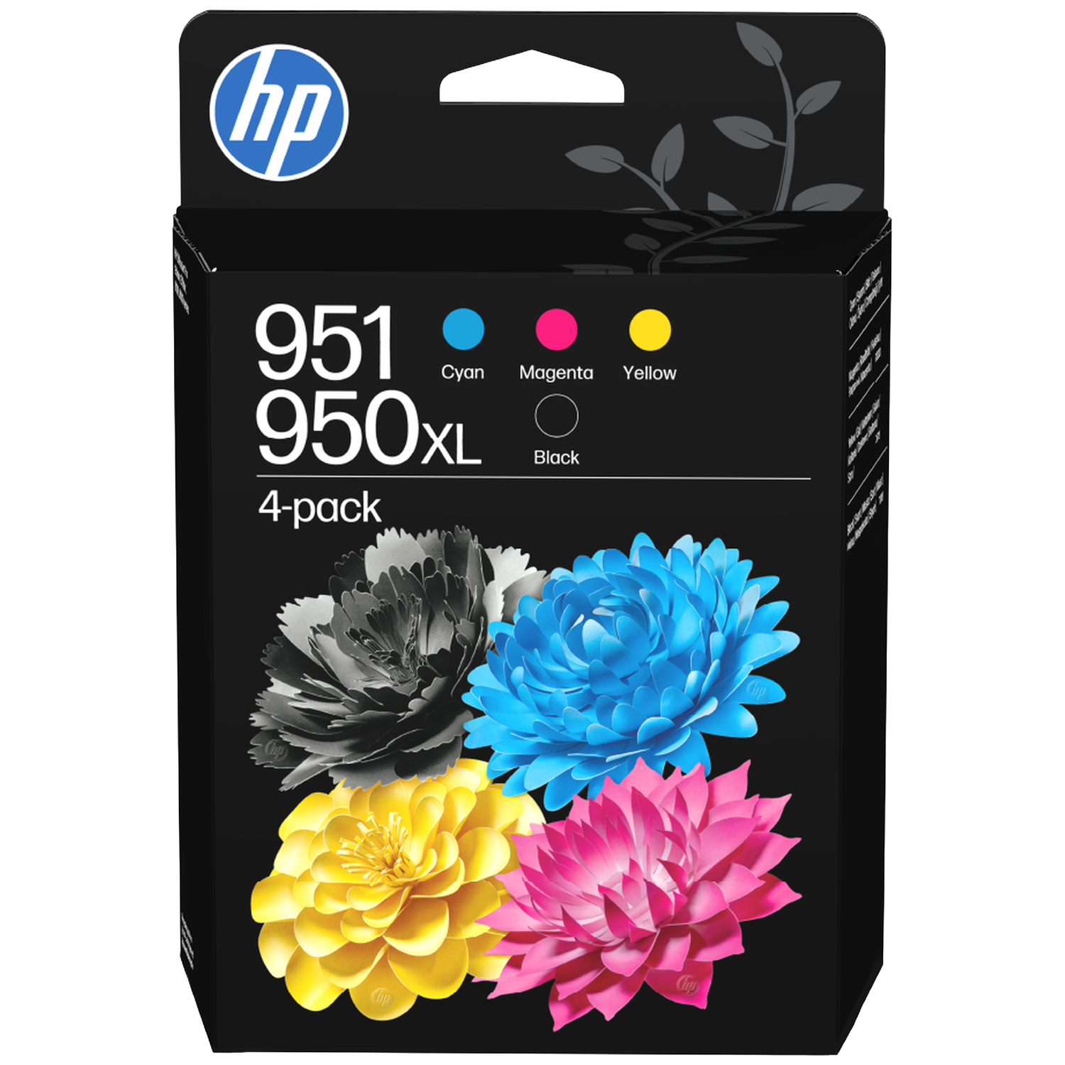 HP 951 950XL inktcartridge 4-pack met cyaan, magenta, gele en zwarte bloemen.