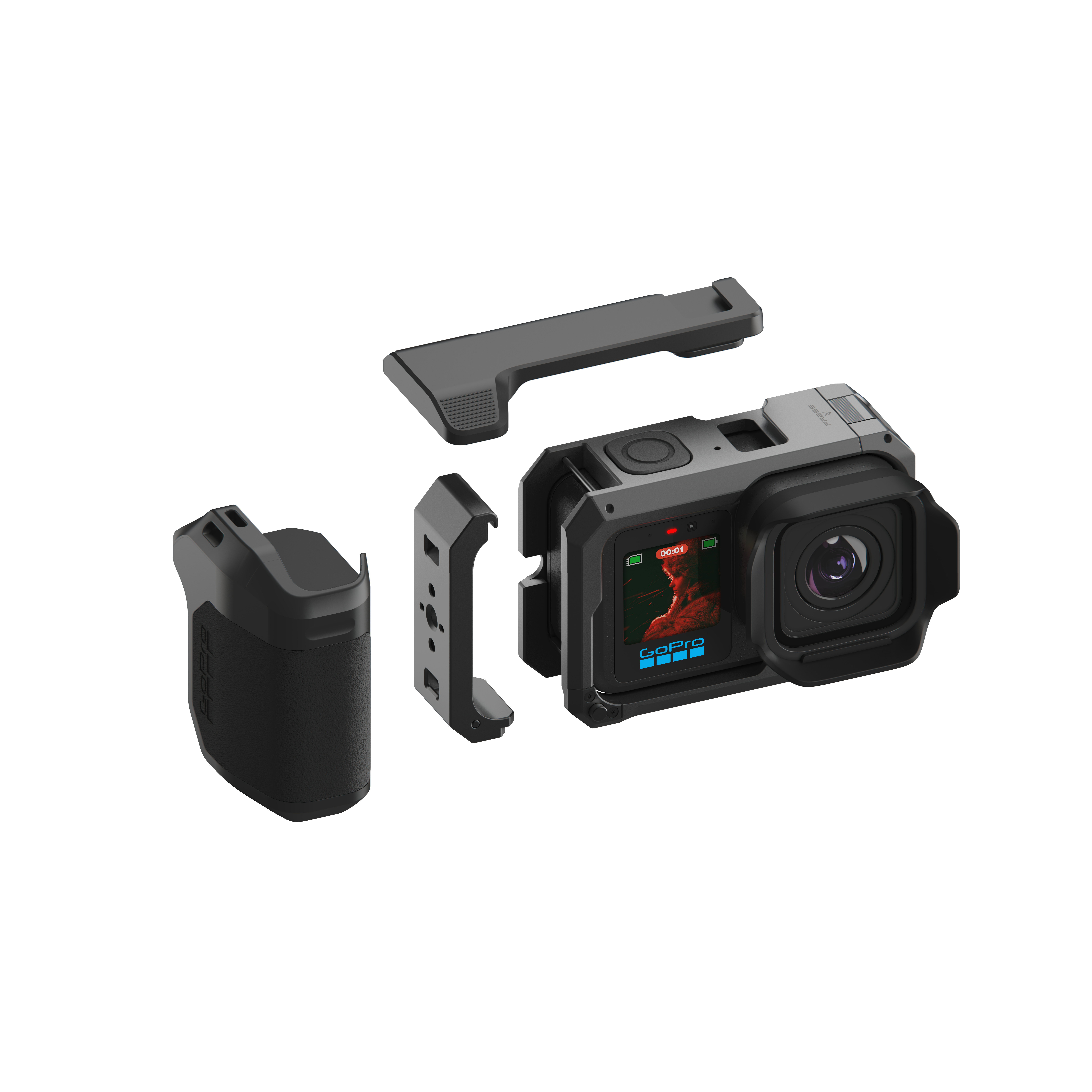 Ein schwarzes GoPro-Zubehörset mit Kamera und Griff, weißer Hintergrund.