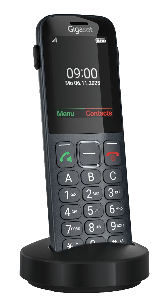 Szary telefon Gigaset z klawiaturą i ekranem wyświetlającym 09:00.