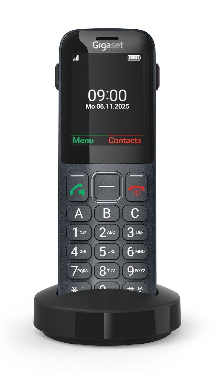 Czarny telefon Gigaset z klawiaturą, pokazany na ładowarce.