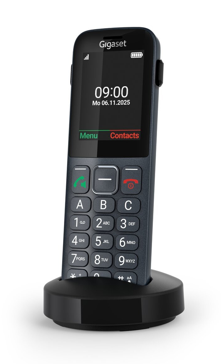 Szary telefon Gigaset z klawiaturą numeryczną i czarną bazą ładującą, wyświetlający na ekranie godzinę 09:00.