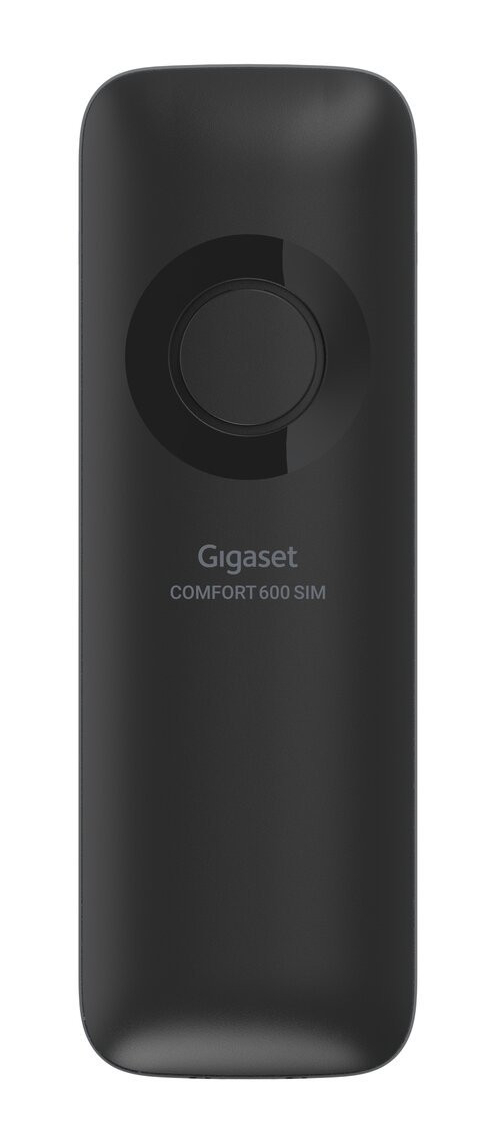 Czarny telefon Gigaset z srebrnym pierścieniem i przyciskiem.