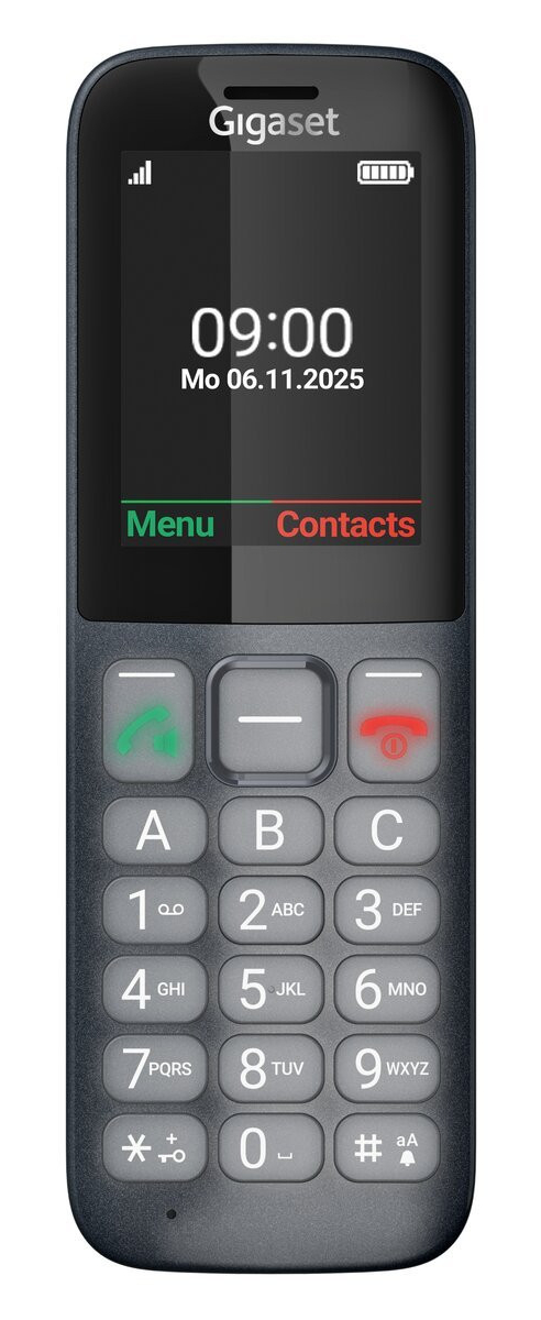 Szary telefon Gigaset z dużym wyświetlaczem pokazuje 09:00 i datę.