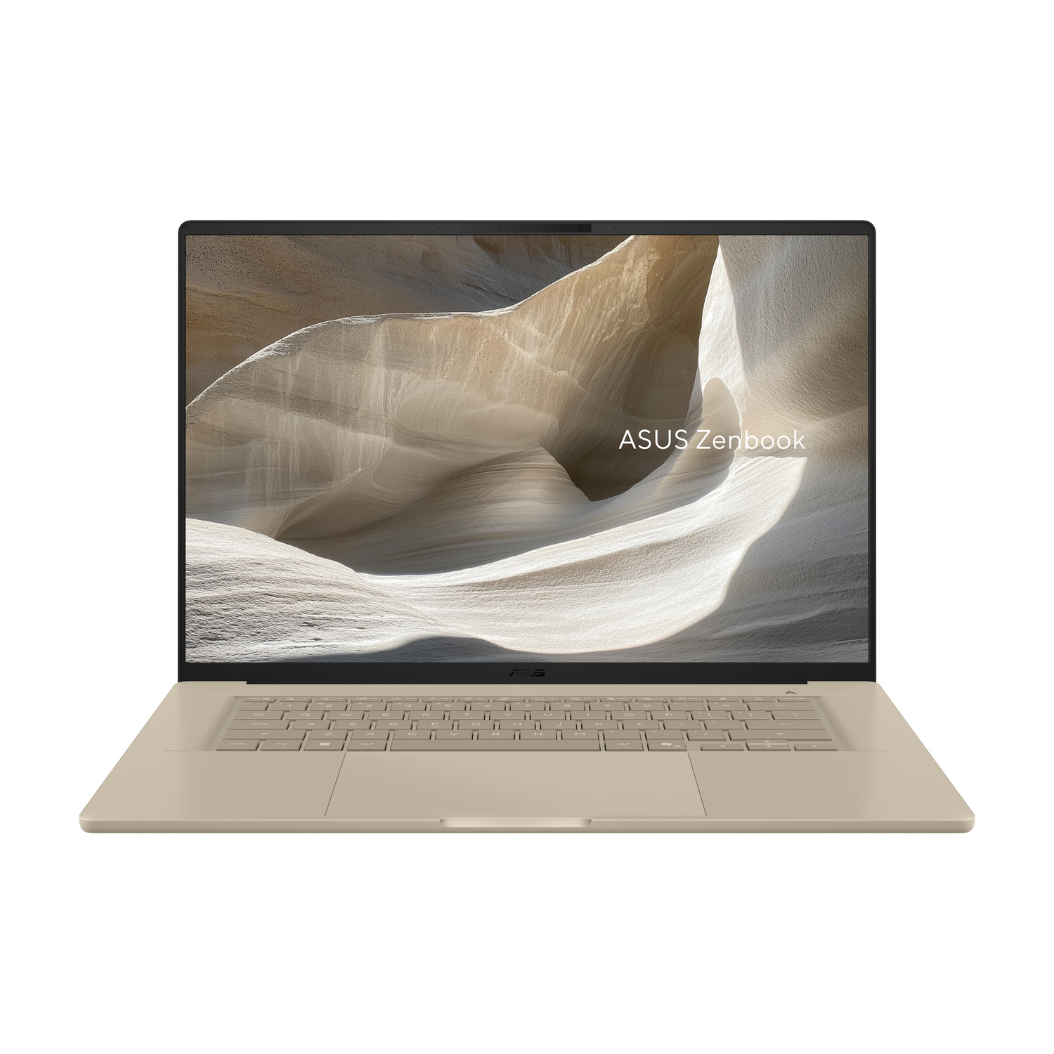 Un laptop ASUS Zenbook beige chiaro con uno sfondo di paesaggio montano sullo schermo.