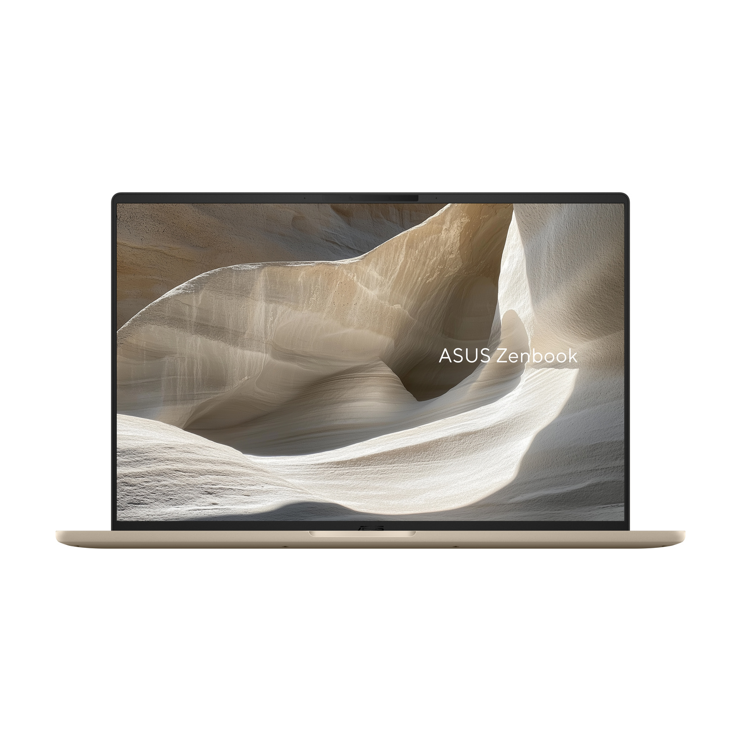Un laptop dorato con logo ASUS Zenbook sullo schermo, che mostra un paesaggio desertico.