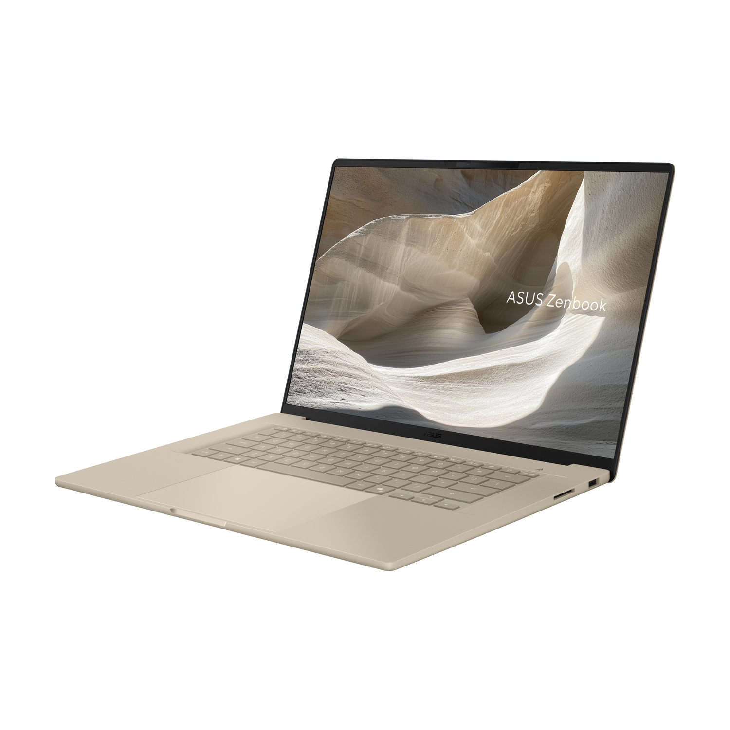Un laptop beige con uno sfondo stilizzato visualizzato sullo schermo.