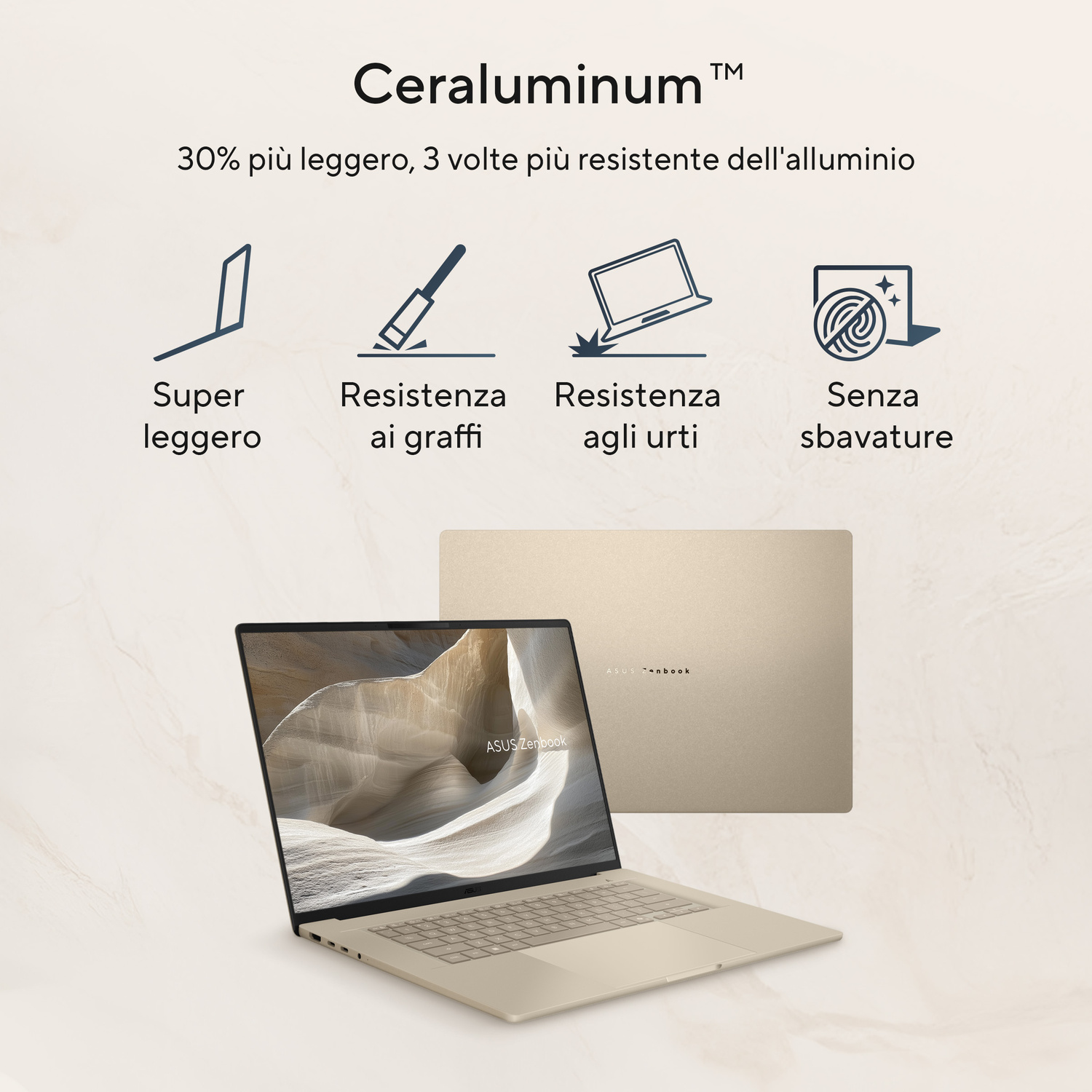 Un laptop dorato con lo schermo aperto, mostra il logo 'ASUS Zenbook'.