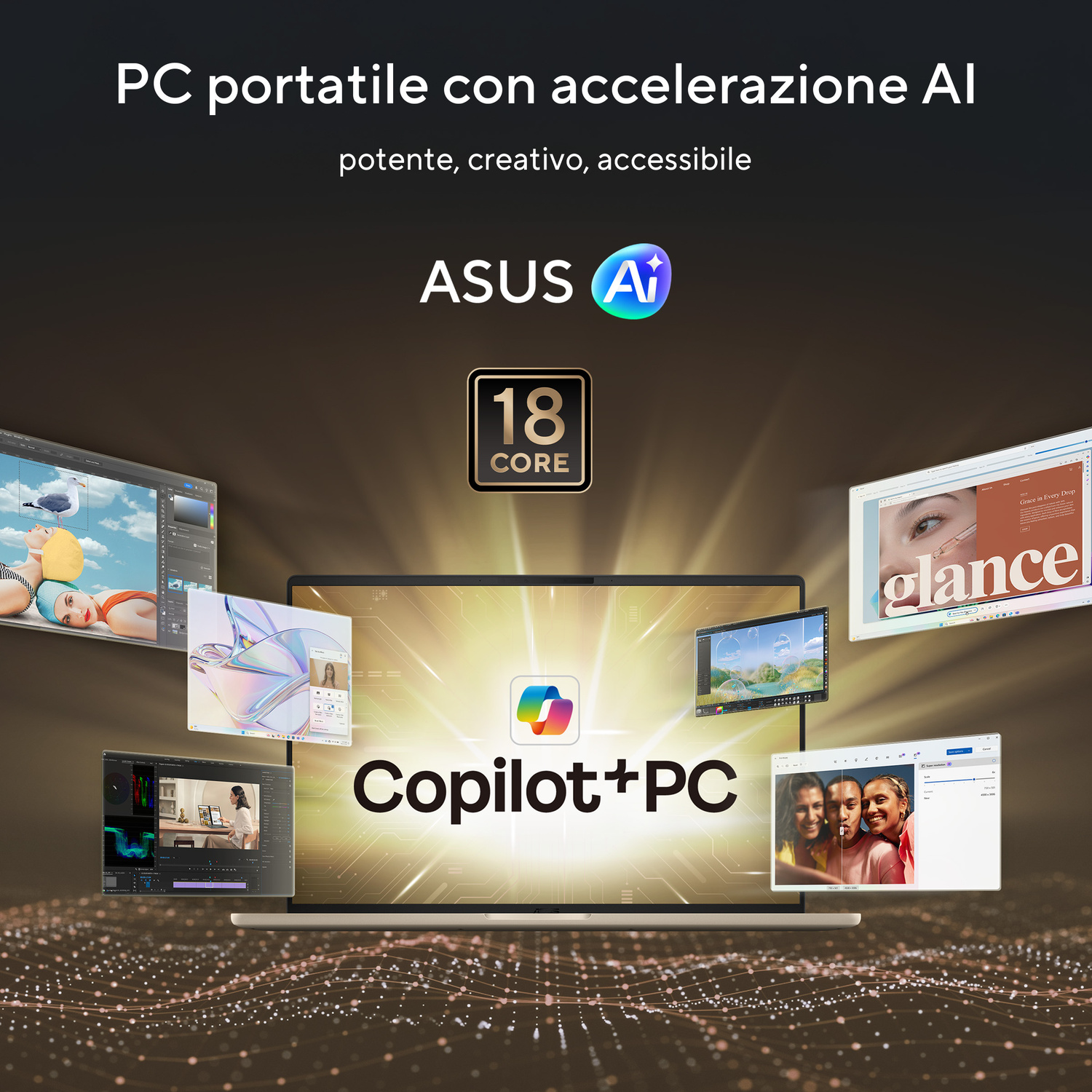 Un PC ASUS Copilot+ con 18 core, con accelerazione IA per attività creative.