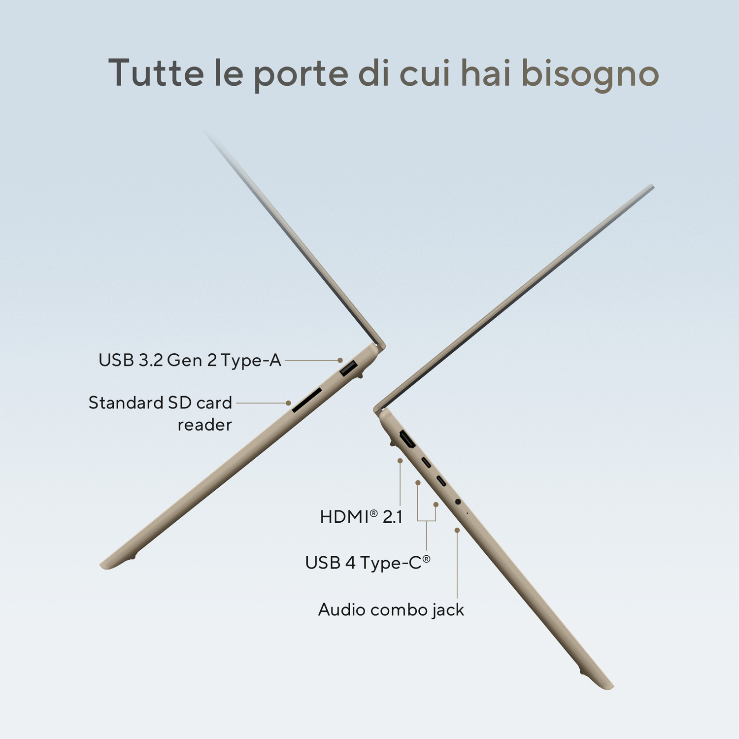 Due laptop aperti, che mostrano le porte: USB-A, lettore di schede SD, HDMI, USB-C, jack audio.