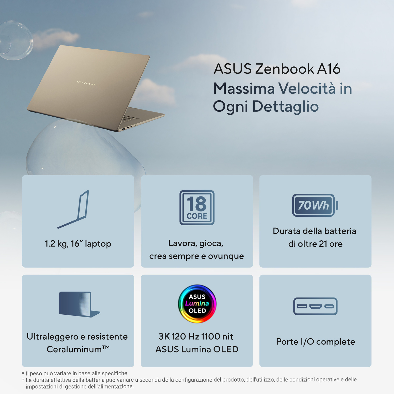 Un laptop ASUS Zenbook A16 dorato fluttua contro un cielo azzurro.