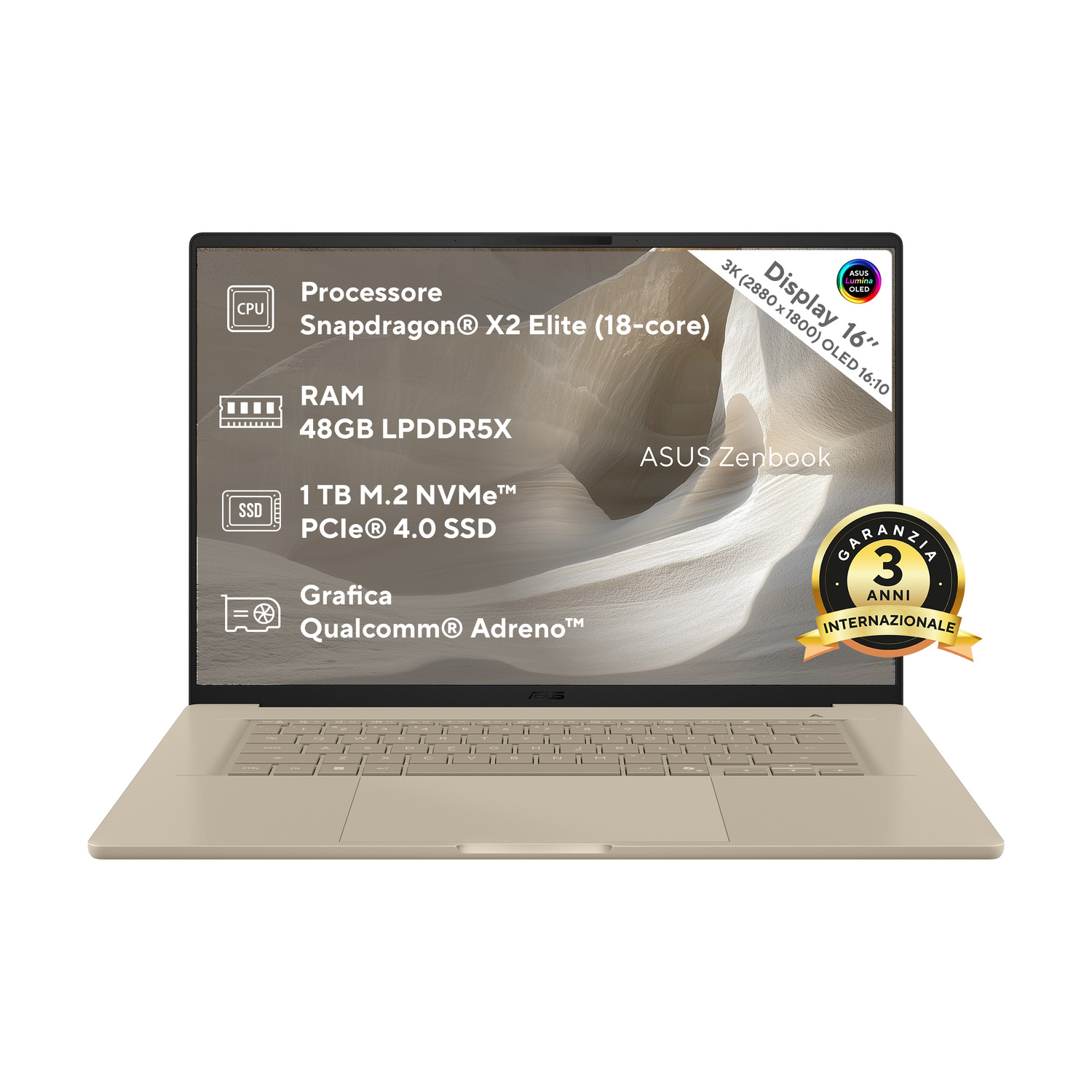 Un laptop ASUS Zenbook beige con display OLED da 16 pollici, processore Snapdragon X2 Elite.