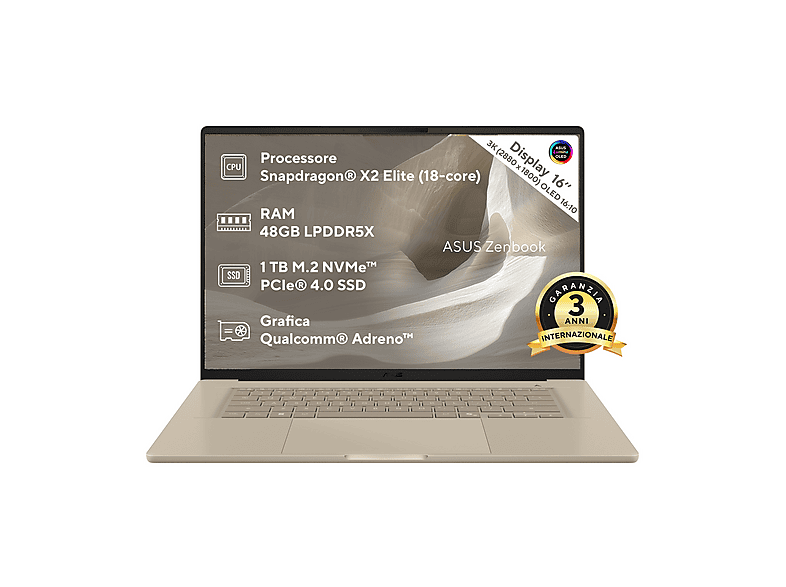 ASUS Zenbook A16 UX3607 NOTEBOOK, 16 ", processore Qualcomm Snapdragon X Elite X2E94100 , Adreno™ Onboard Graphics, RAM 48 GB, 1000 GB SSD, Brown, Windows 11 Home
