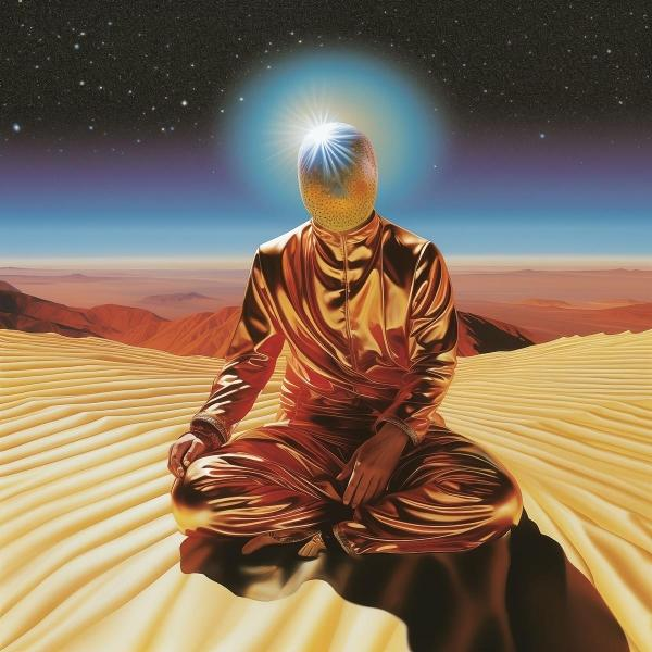 Mann in goldener Kleidung sitzt im Schneidersitz in einer Wüstenlandschaft unter einem Sternenhimmel.