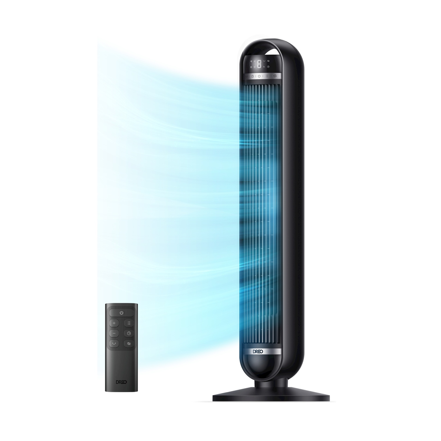 Un ventilatore a torre nero con telecomando e flusso d'aria blu.