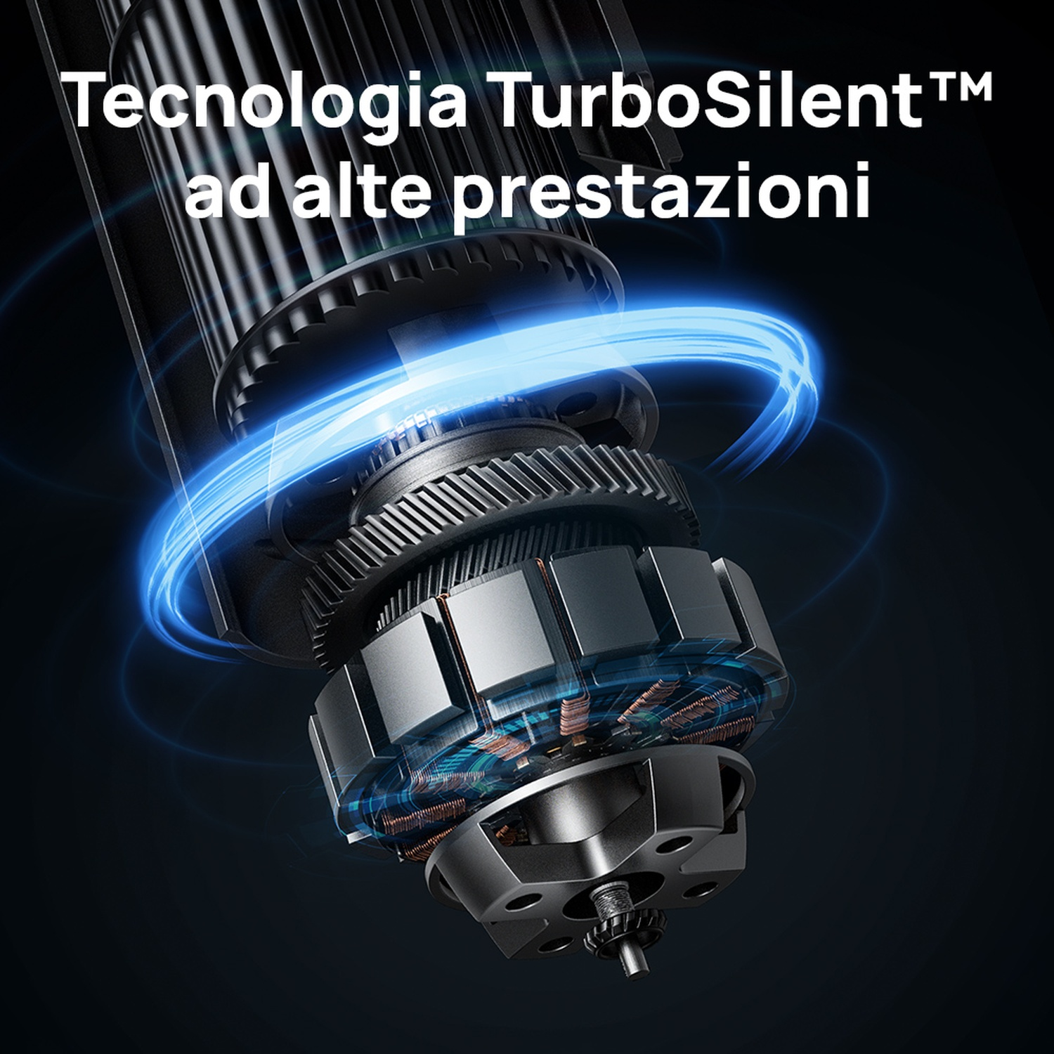 Primo piano di un motore ad alte prestazioni con orbita di energia blu.