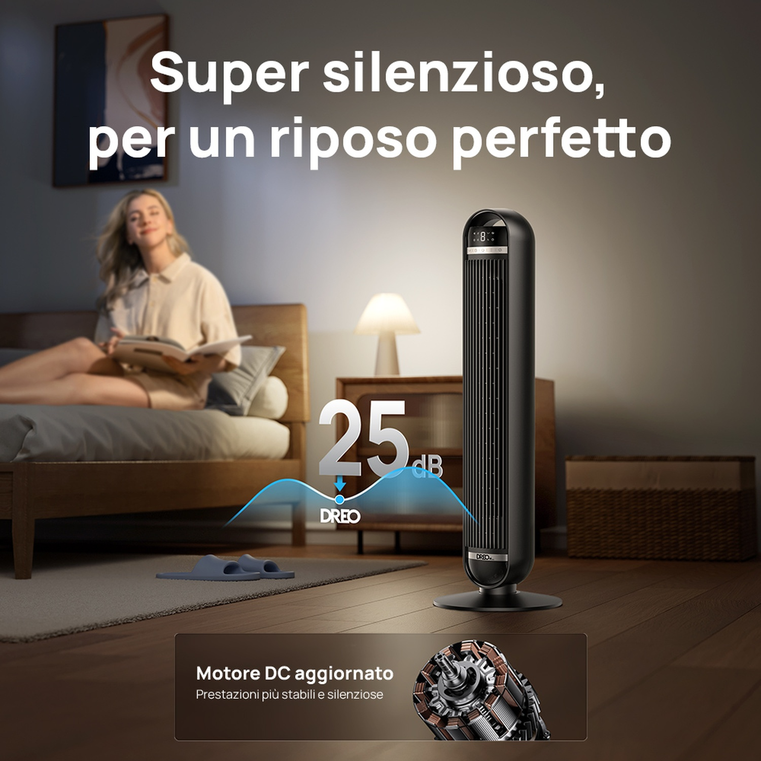 Un ventilatore a torre nero accanto a un letto dove una donna legge.