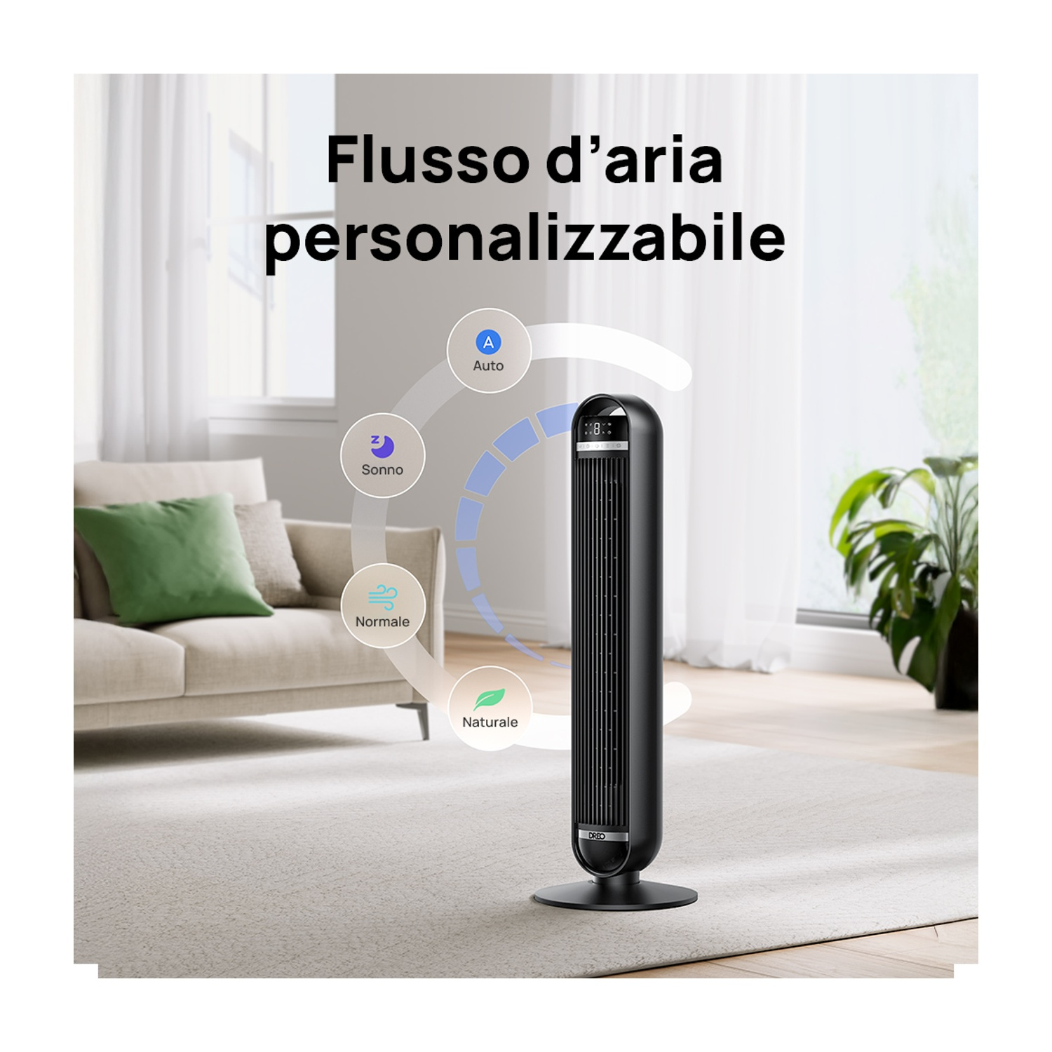 Ventilatore a torre nero con modalità Auto, Sonno, Naturale su tappeto chiaro.