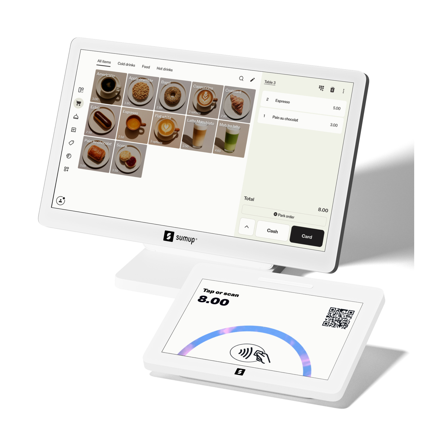 Un sistema POS SumUp con touchscreen che mostra cibi e un terminale di pagamento.