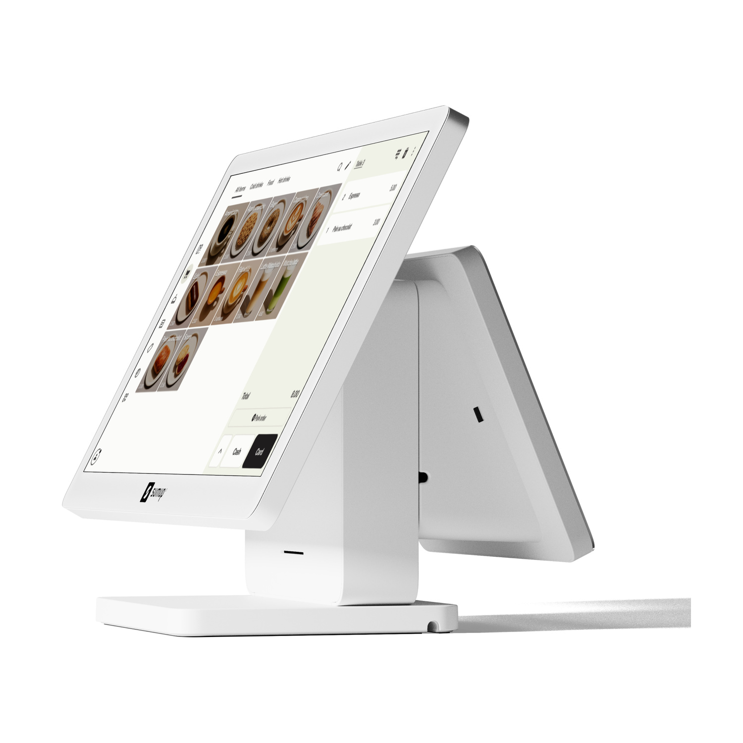 Un sistema POS bianco touchscreen che mostra articoli di cibo e bevande.