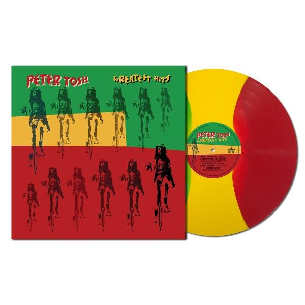 Peter Toshs Greatest Hits LP mit rot-gelbem Vinyl und Cover mit Fahrrädern.