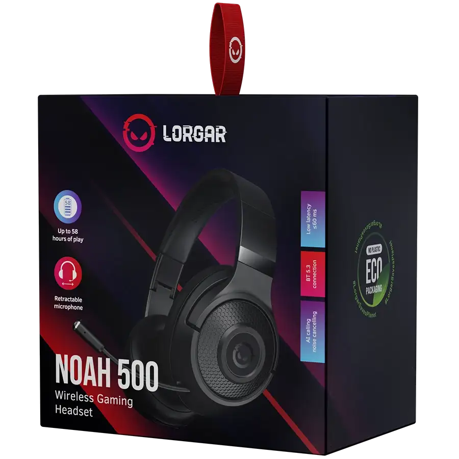 Lorgar Noah 500 gamer fejhallgató csomagolás kijelzővel, mikrofonnal és akár 58 óra játékkal.