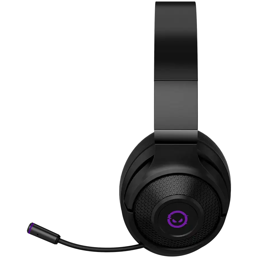 Fekete gamer fejhallgató lila logóval és mikrofonnal fekete háttéren.