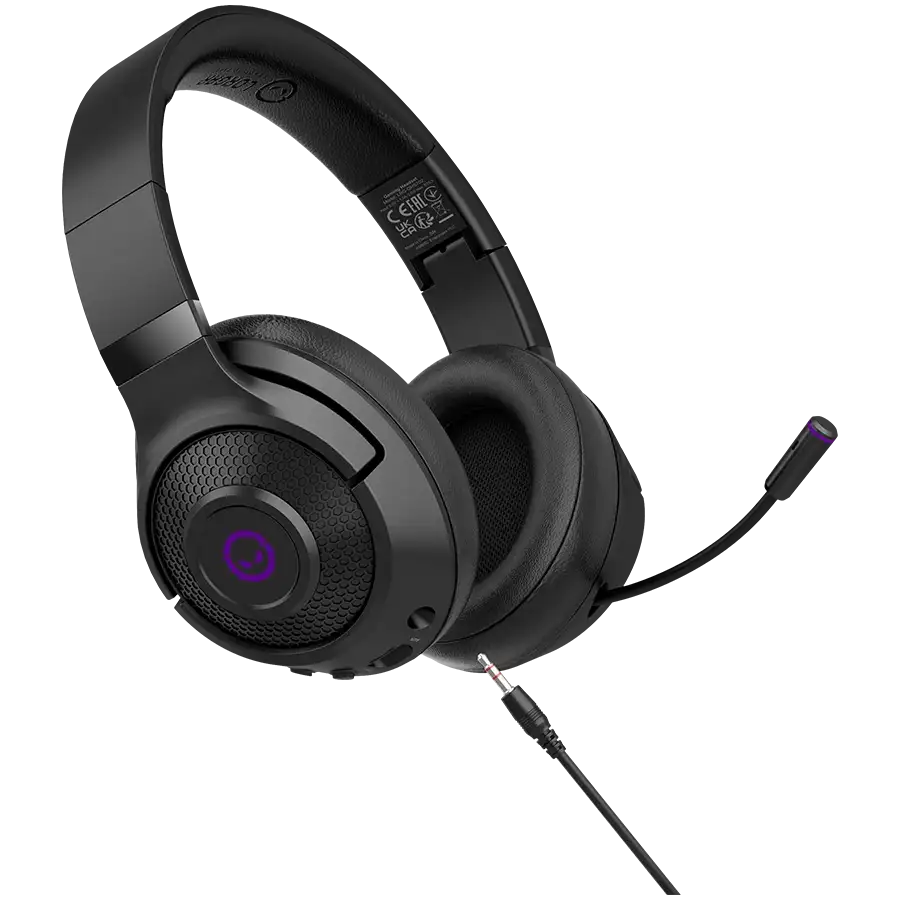 Fekete gamer fejhallgató lila díszítéssel és látható audio jack dugóval.
