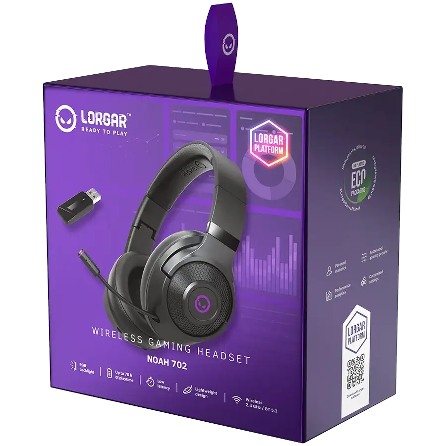 Lorgar Noah 702 vezeték nélküli gamer headset doboz fejhallgatóval és dongle-lal.