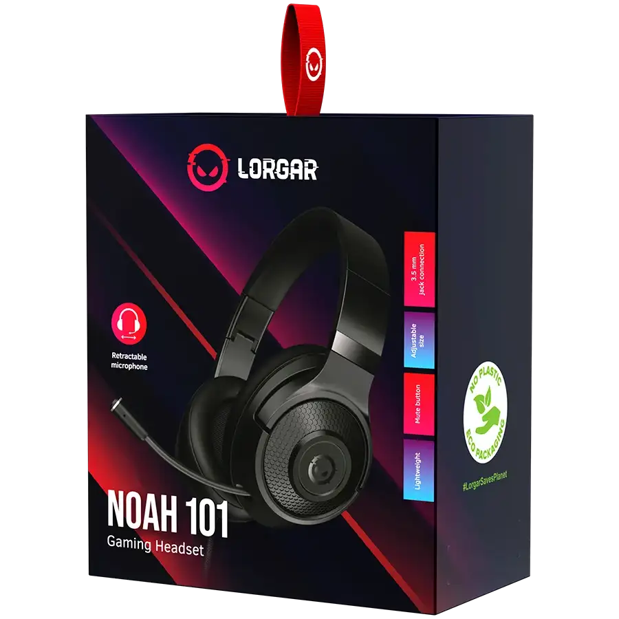 Fekete Lorgar NOAH 101 gamer fejhallgató doboz fejhallgatóval és mikrofonnal.