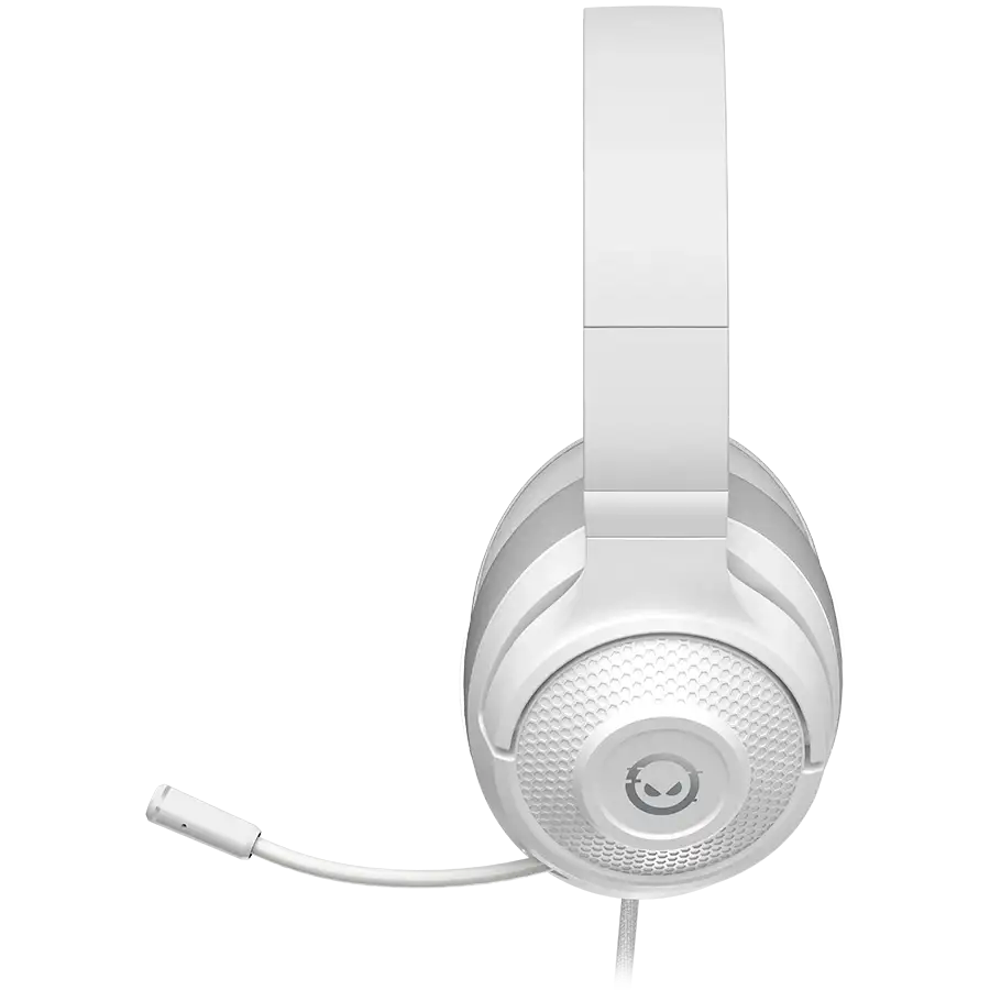 Fehér gamer fejhallgató mikrofonnal, fekete háttéren.