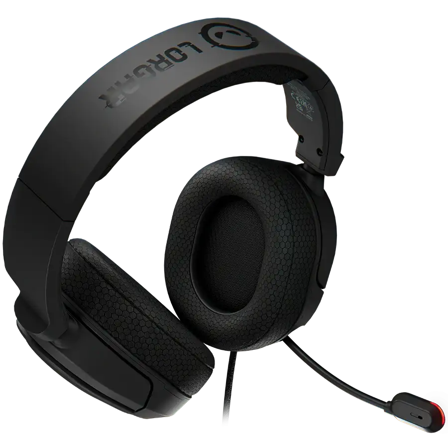 Fekete gamer fejhallgató mikrofonnal és piros LED jelzőfénnyel.
