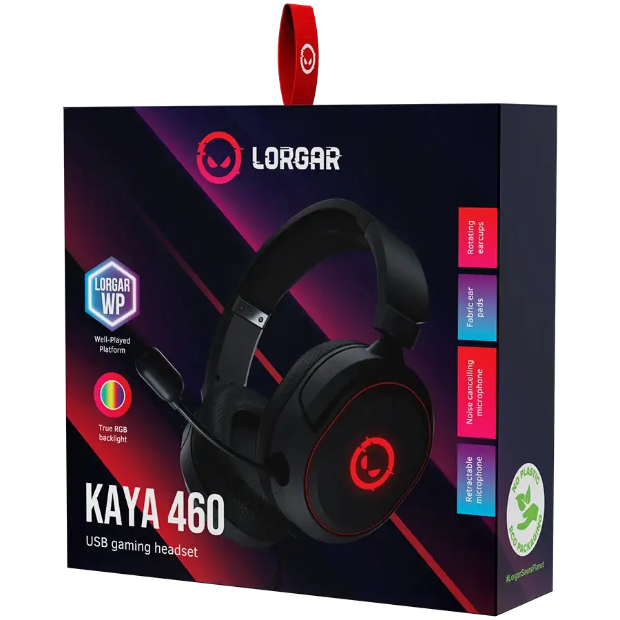 Lorgar Kaya 460 USB gamer fejhallgató csomagolása RGB világítással.