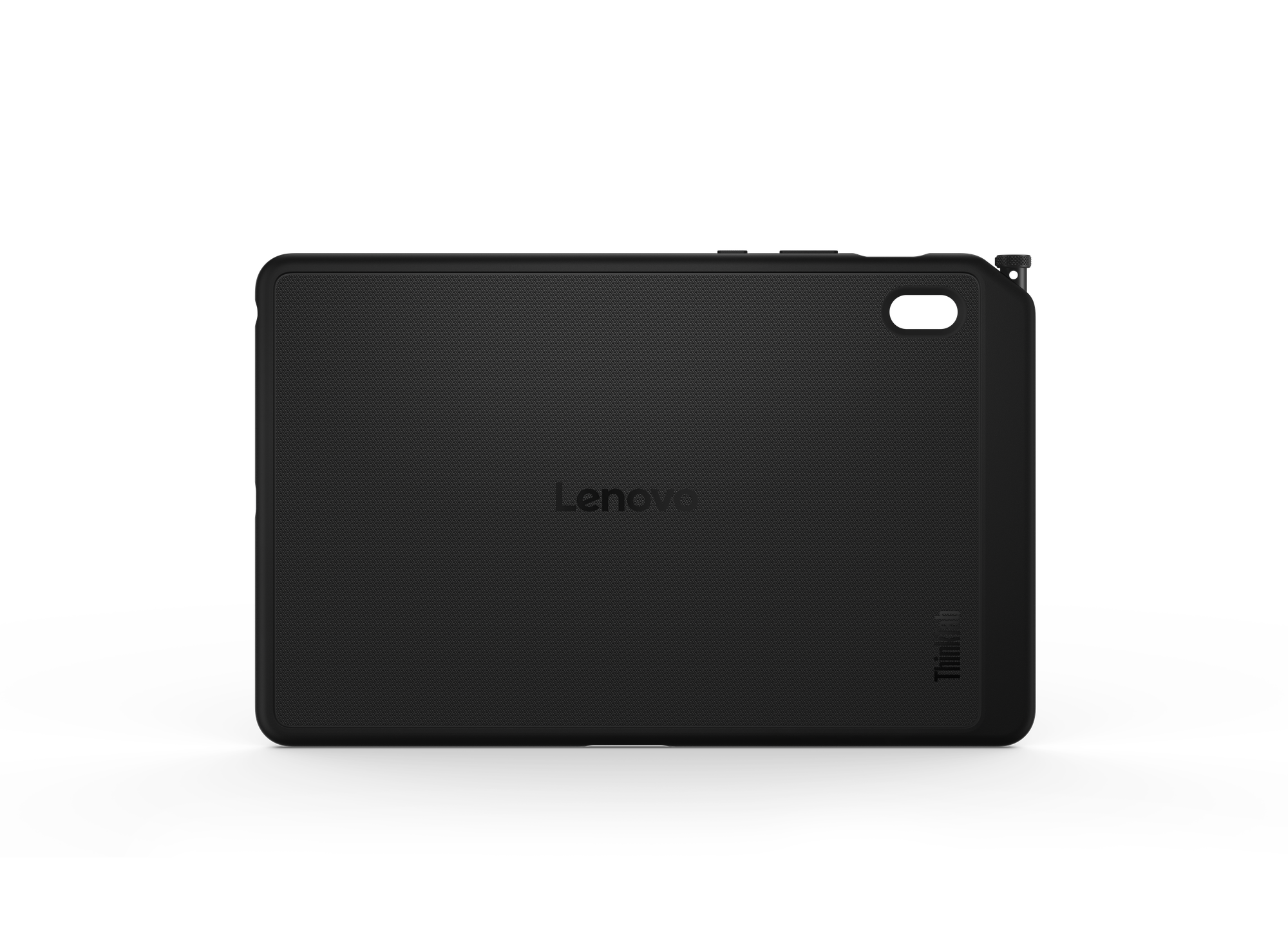 Schwarzes Lenovo Tablet mit gerippter Rückseite und Kameraobjektiv.