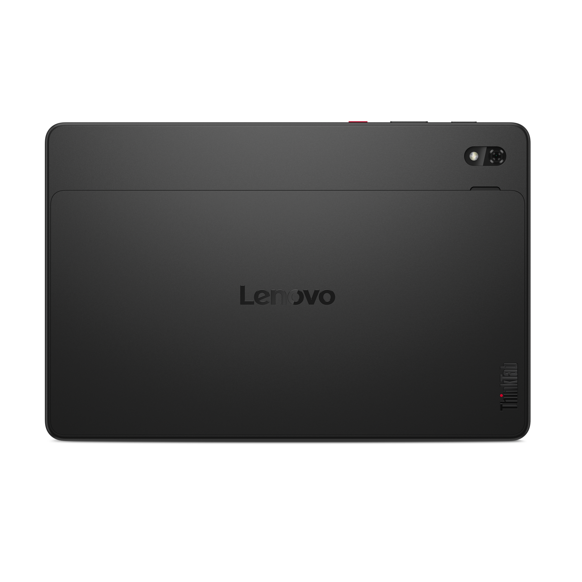 Ein schwarzes Lenovo ThinkPad Tablet mit Kamera und rotem Akzent auf schwarzem Hintergrund.