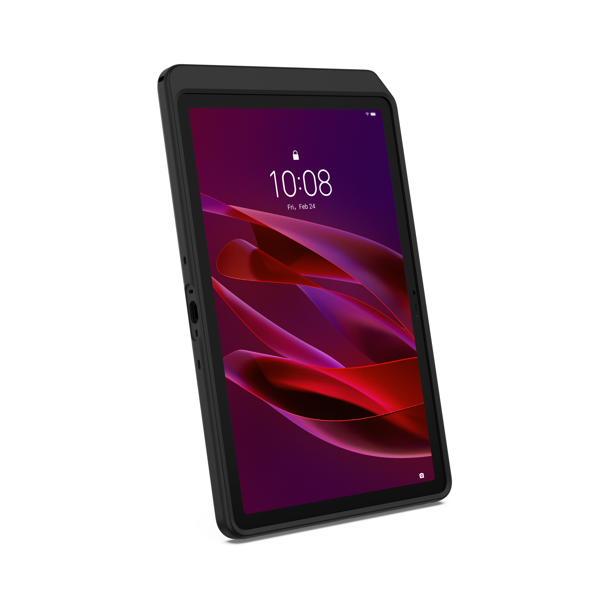 Ein schwarzes Tablet mit einem lila Hintergrunddisplay, das 10:08 Uhr anzeigt.