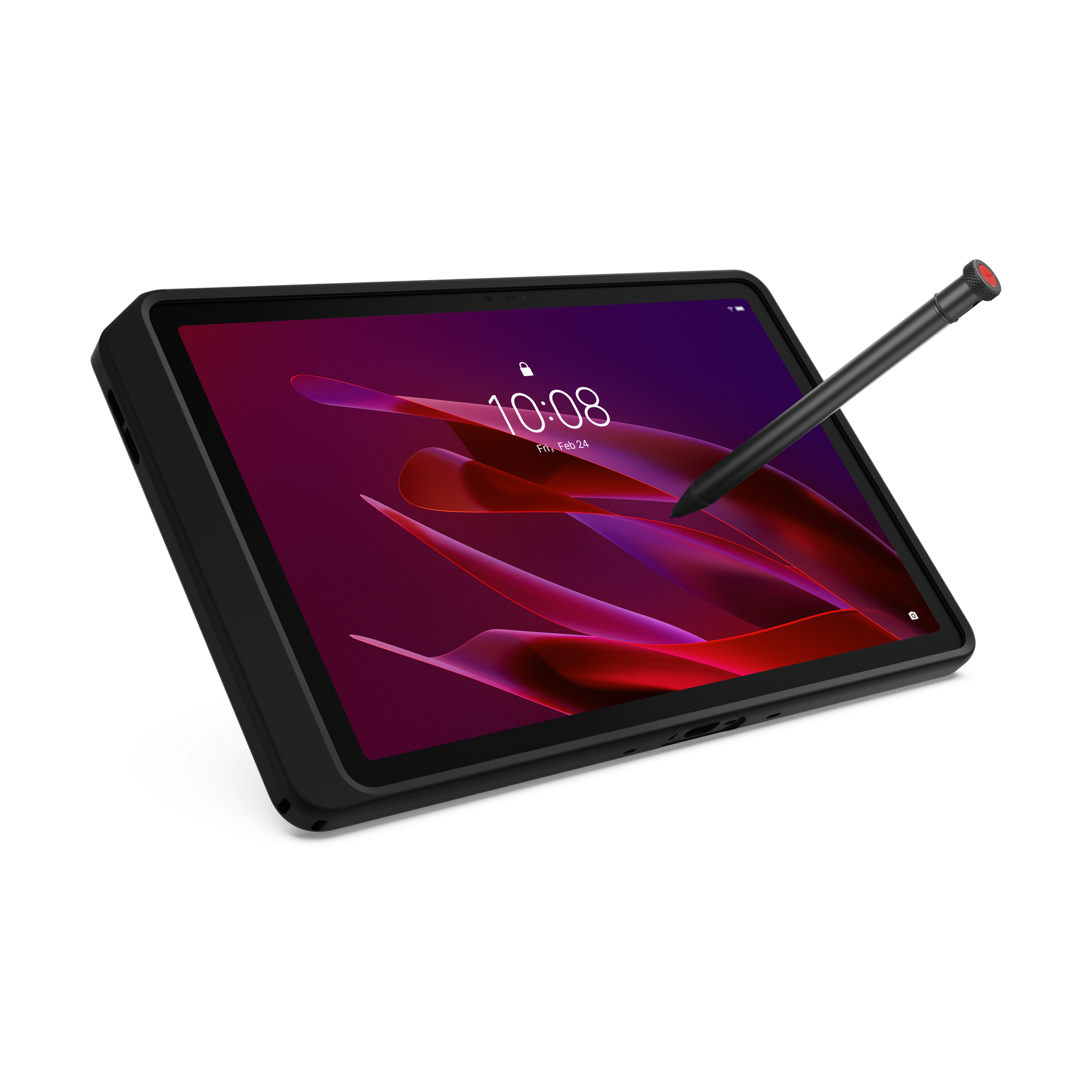 Ein schwarzes Tablet mit Stift liegt auf einem schwarzen Hintergrund. Die Uhrzeit ist 10:08.