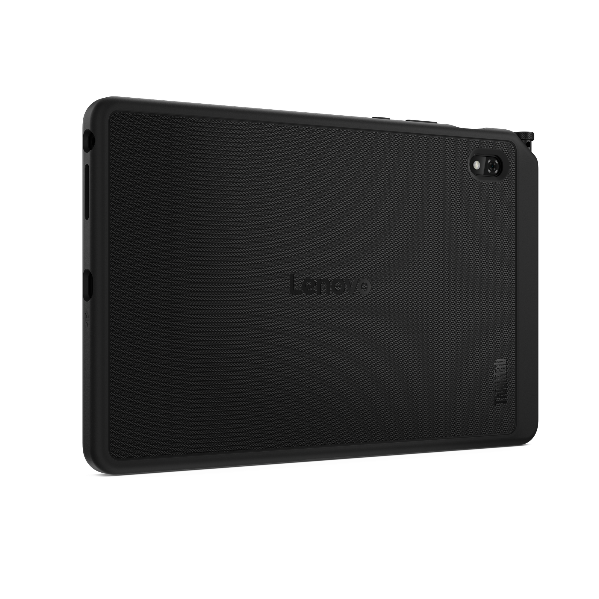 Rückseite eines schwarzen Lenovo Tablets mit texturiertem Gehäuse und Kameramodul.