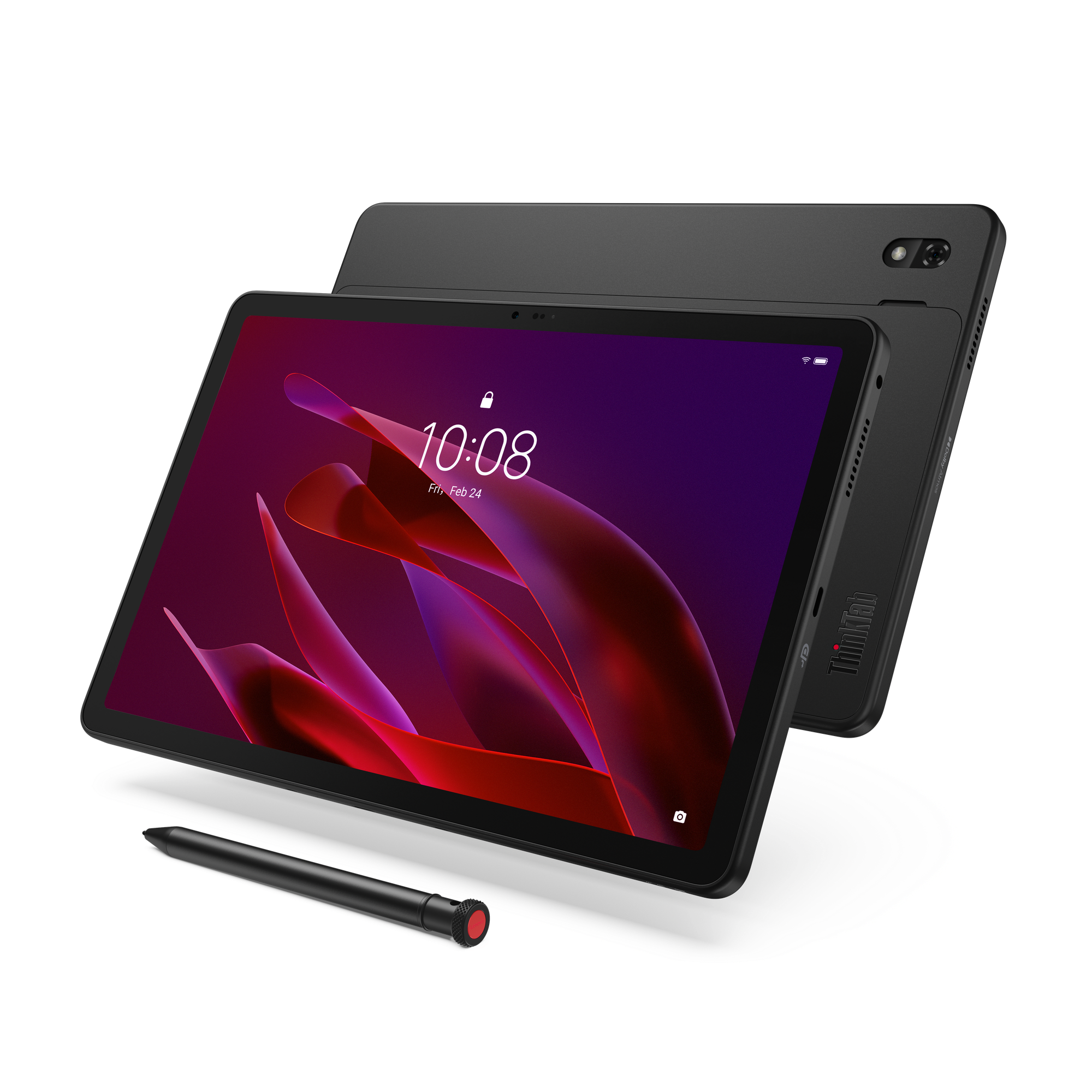 Ein schwarzes Tablet mit Stift und einem abstrakten roten/violetten Hintergrund.