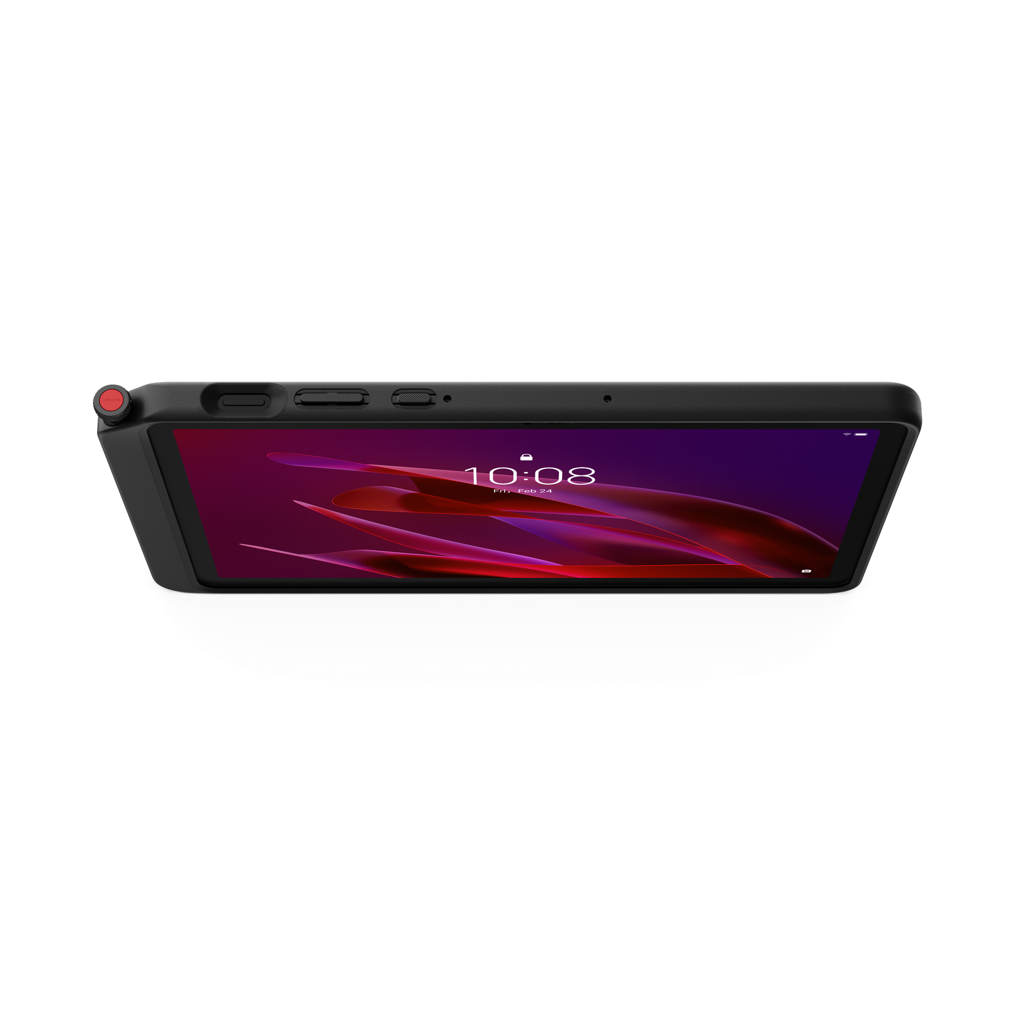Ein schwarzes Tablet mit rotem Knopf, zeigt 10:08 auf einem violetten Hintergrund.