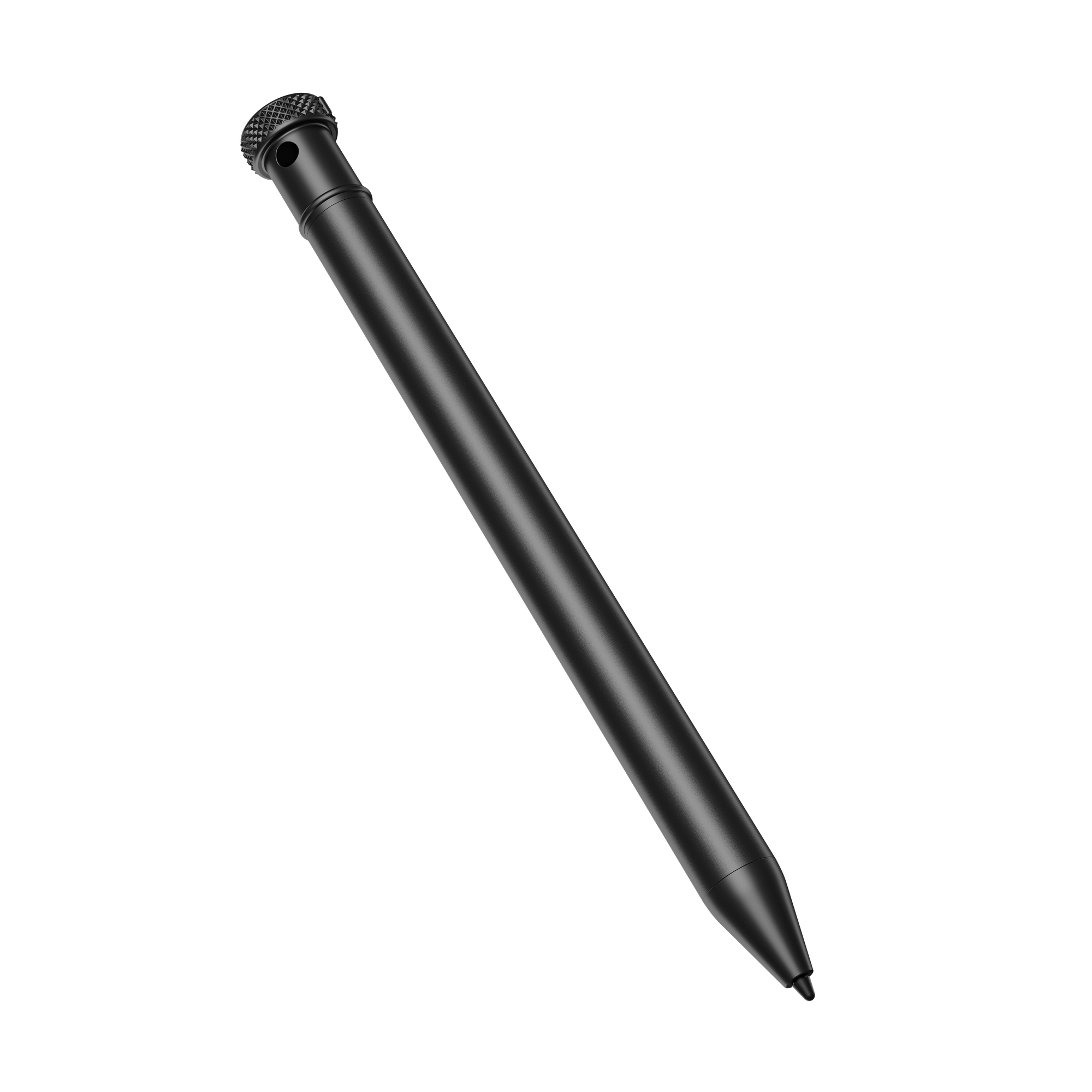 Ein schlanker, schwarzer Eingabestift mit gerändeltem Griff und einer Spitze.