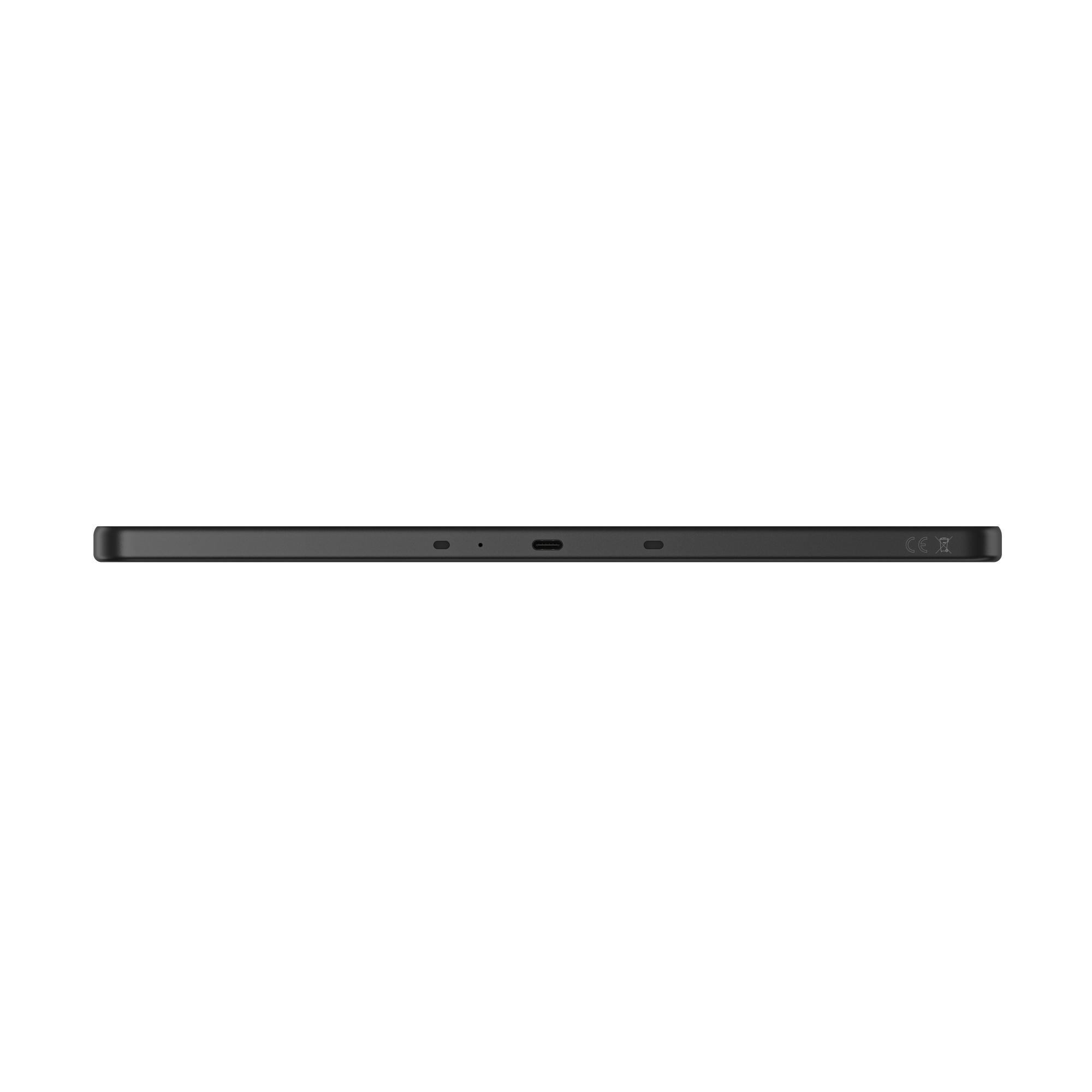 Ein dunkelgrauer Tablet-Rand zeigt einen USB-C-Anschluss, Lautsprechergrills und CE-Kennzeichnung.