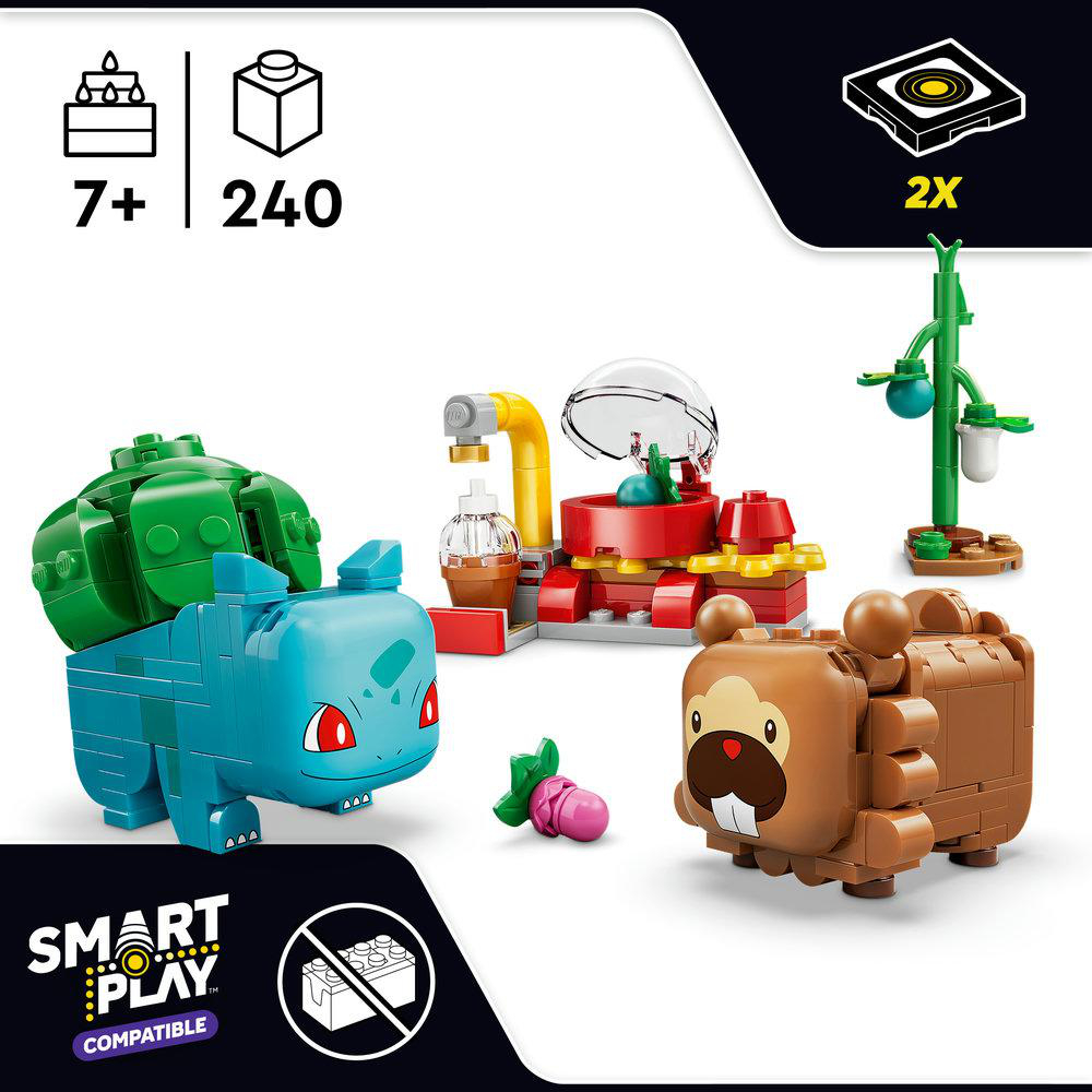 Lego-Set mit Pokemon-Figuren: blauer Bisasam, braunes bieberartiges Wesen, und eine grüne Pflanze.