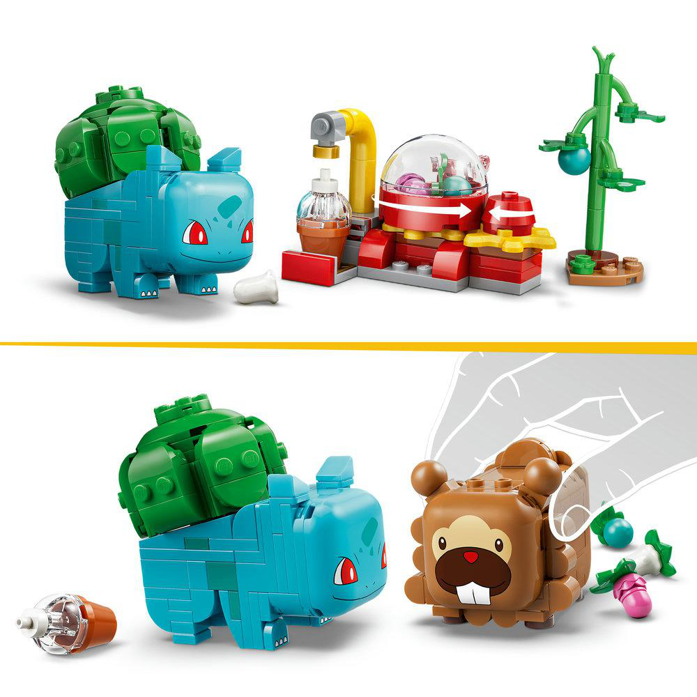 LEGO Pokémon: Ein blauer Bulbasaur, ein brauner Beedrill und ein grüner Baum mit Beeren.