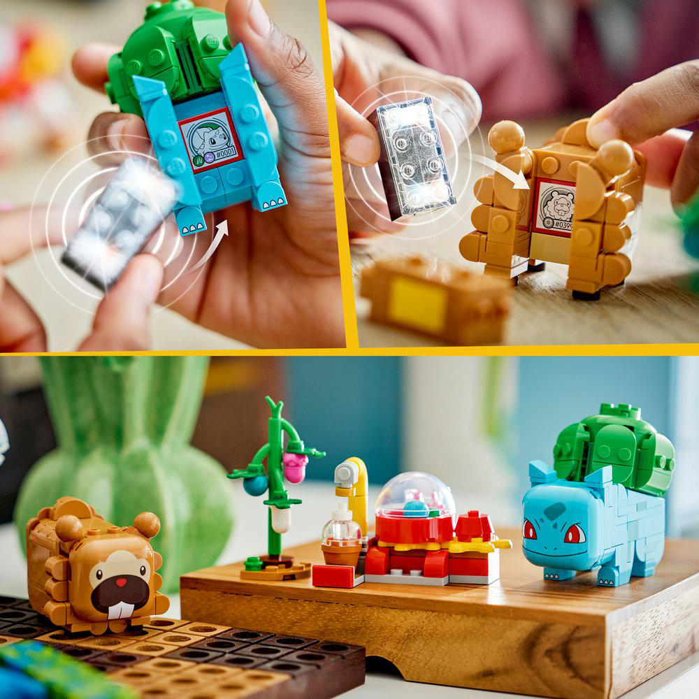 Lego Pokémon-Modelle von Bisasam und Fukano, mit Bausteinen.